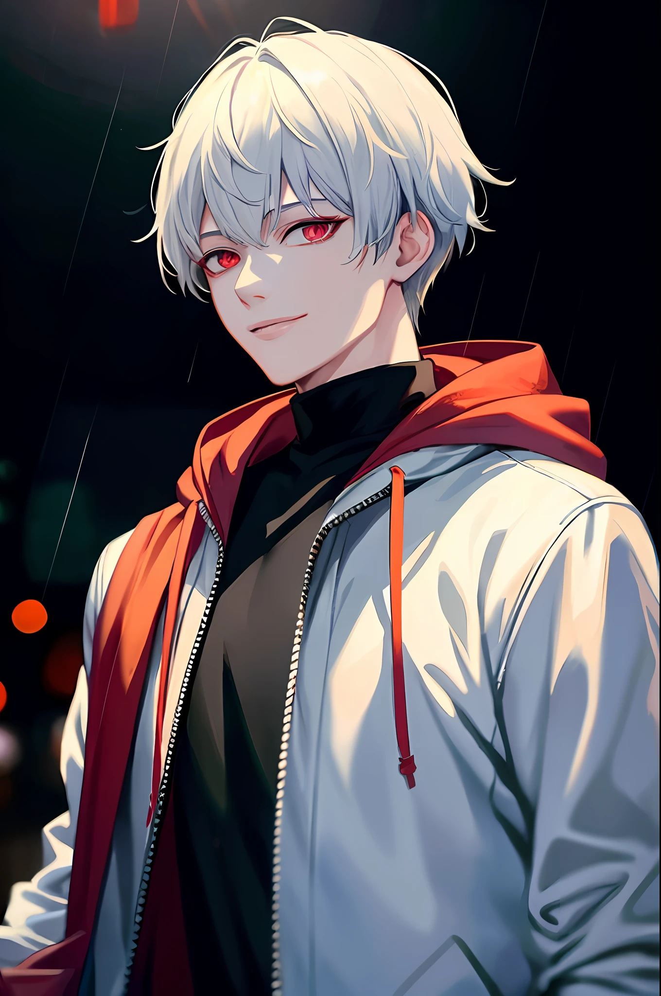 KK, Top Quality, Detail, Masterpiece, 1boy, Ken Kaneki, Portrait, Male Focus, Red Eyes, Solo, Bangs, Look Viewer, Hood, Short Hair, Rain, Tokyo Tokyo (City), Food Up, Manicure, White Hair, Luxury, 8K, Detail, Ray Tracing, Depth of Field, Movie Lighting,Smile,
