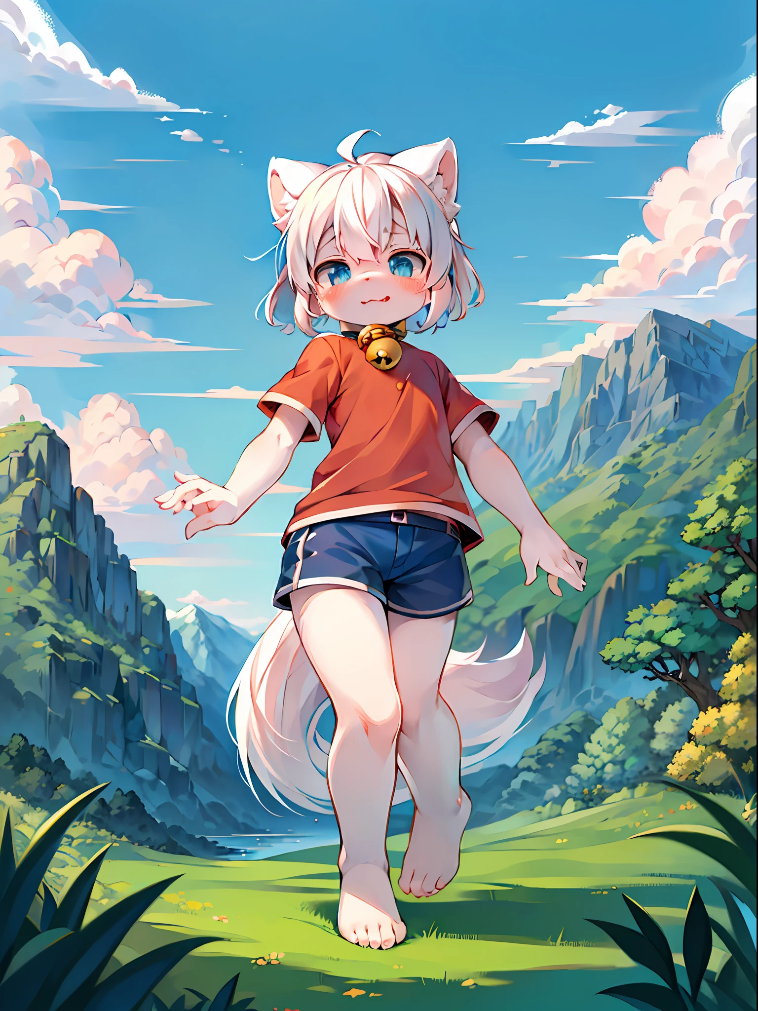 Masterpiece, high quality, absurd resolution, digital painting \ (artwork \), by dagasi, yupa, kiyosan, (fluffy fur, white fur, full body fur,), boys, blue eyes, white hair, short hair, shorts, barefoot, bright eyes, panorama, character focus. Detailed background, mountains, deep forest, cloud background, (bell, pet collar, short sleeves: 1.2)