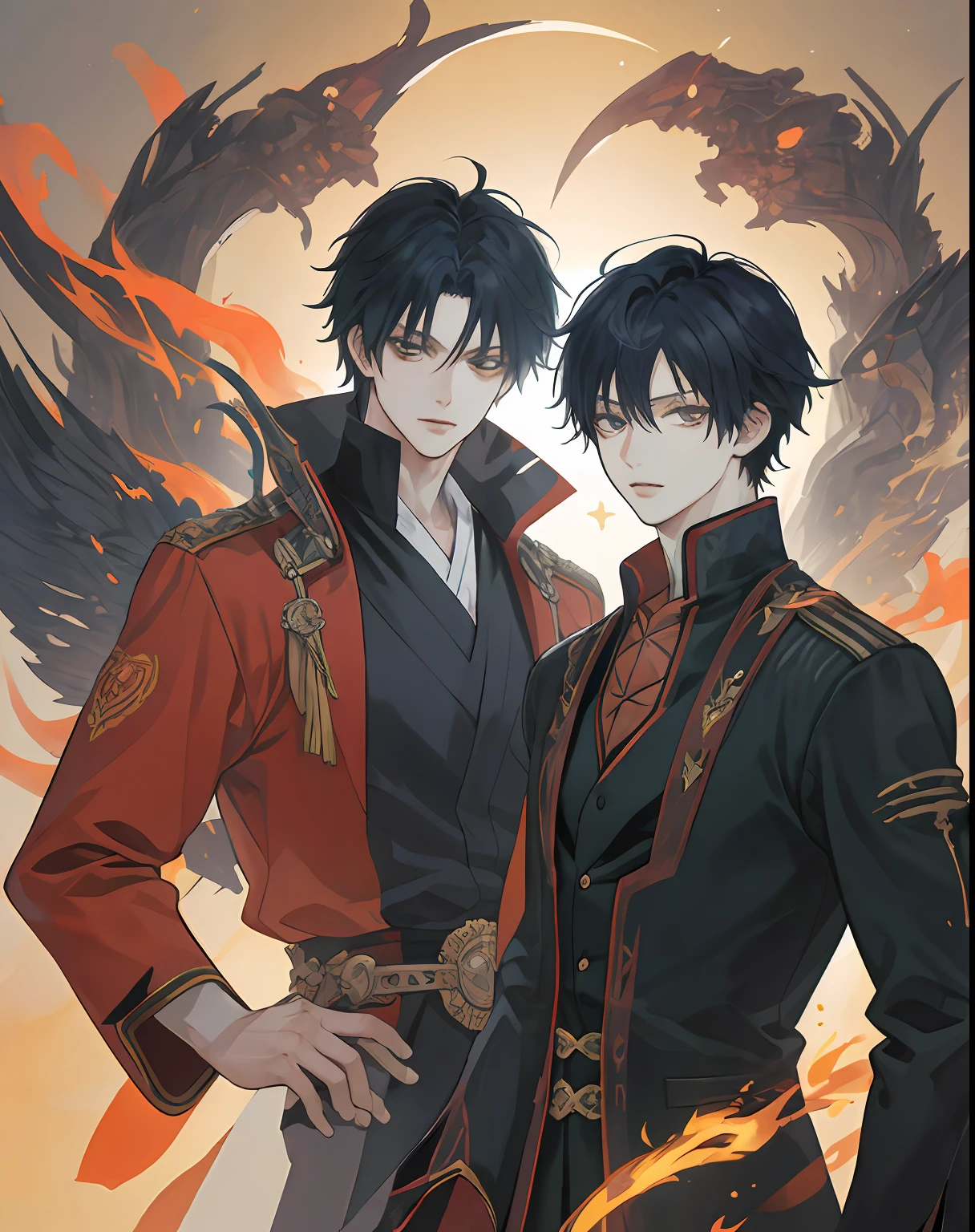 ((The Highest Quality、master masterpiece)), comic art、Anime character with man with fire and sword, katekyo hitman reborn, otaku gangasta, sirius a and sirius b, high quality fanart, from cryptid academia, inspired by Okumura Masanobu, two anime handsome men, epic anime style, anime poster, Detailed fan art, illustrative!!, akehiko inoue and ross tran