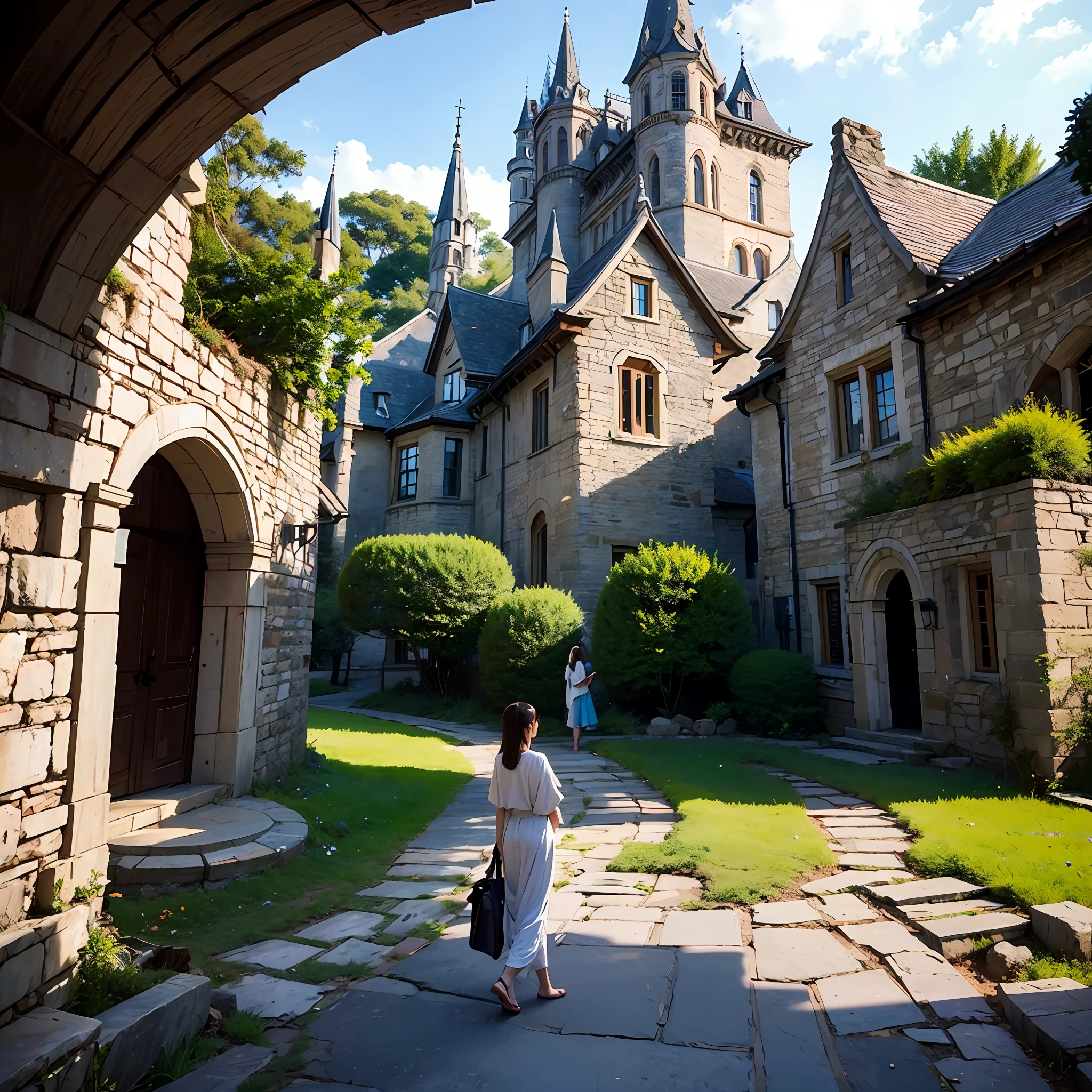 An ancient kingdom with castle and stone houses, landscapes, in it has people walking the streets, peace, animals, serenity -- HDR movie scene -- MAXIMUM quality -- hyper realism -- maximum deralhes --realism -- movie scene