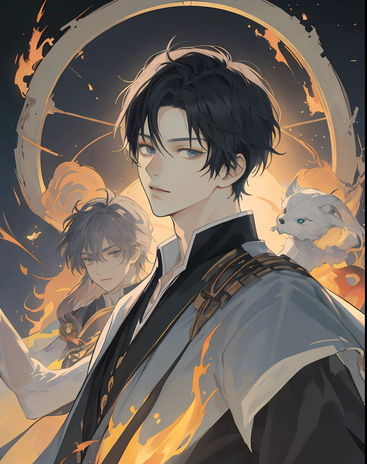((The Highest Quality、master masterpiece)), comic art、Anime character with man with fire and sword, katekyo hitman reborn, otaku gangasta, sirius a and sirius b, high quality fanart, from cryptid academia, inspired by Okumura Masanobu, two anime handsome men, epic anime style, anime poster, Detailed fan art, illustrative!!, akehiko inoue and ross tran