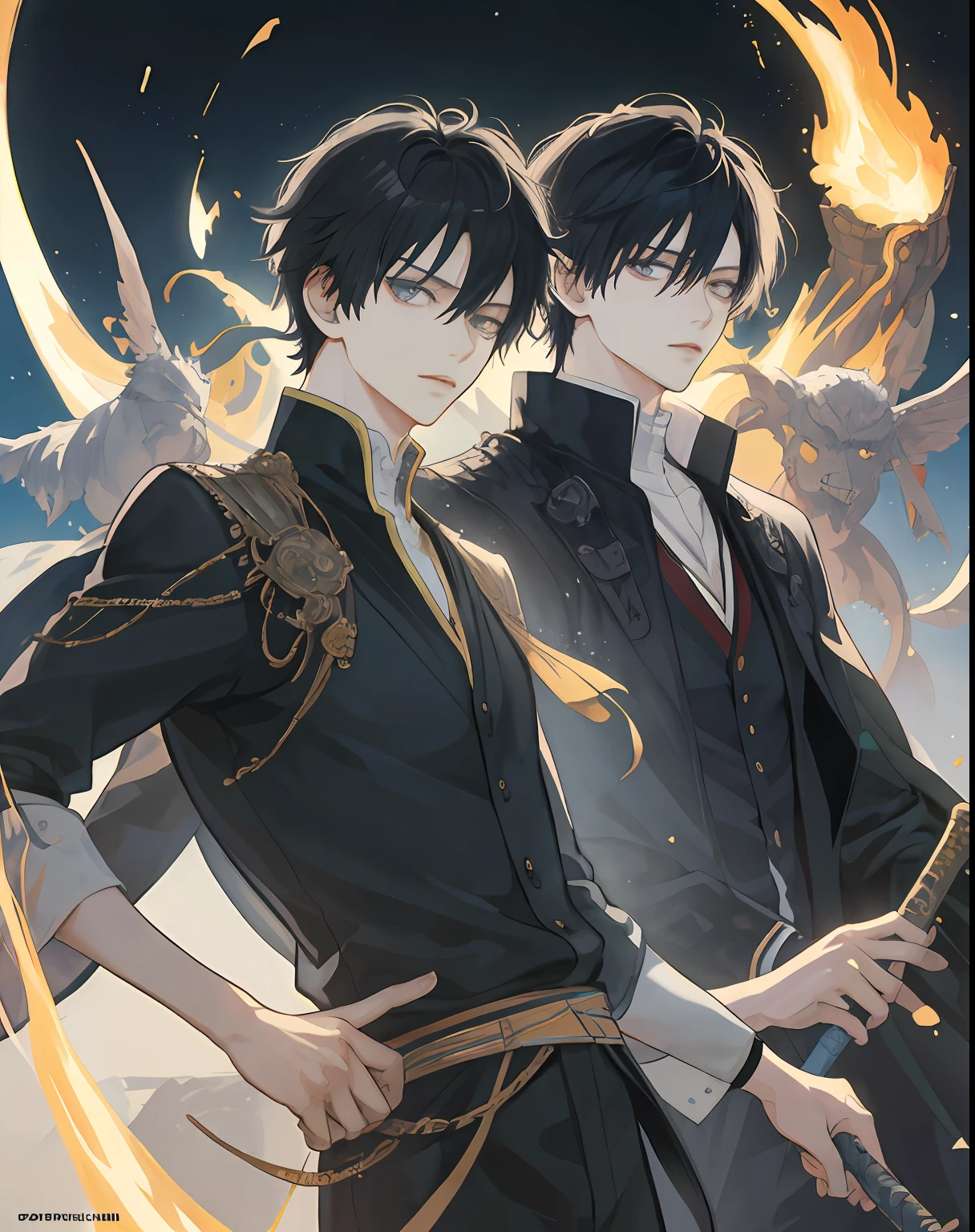 ((The Highest Quality、master masterpiece)), comic art、Anime character with man with fire and sword, katekyo hitman reborn, otaku gangasta, sirius a and sirius b, high quality fanart, from cryptid academia, inspired by Okumura Masanobu, two anime handsome men, epic anime style, anime poster, Detailed fan art, illustrative!!, akehiko inoue and ross tran