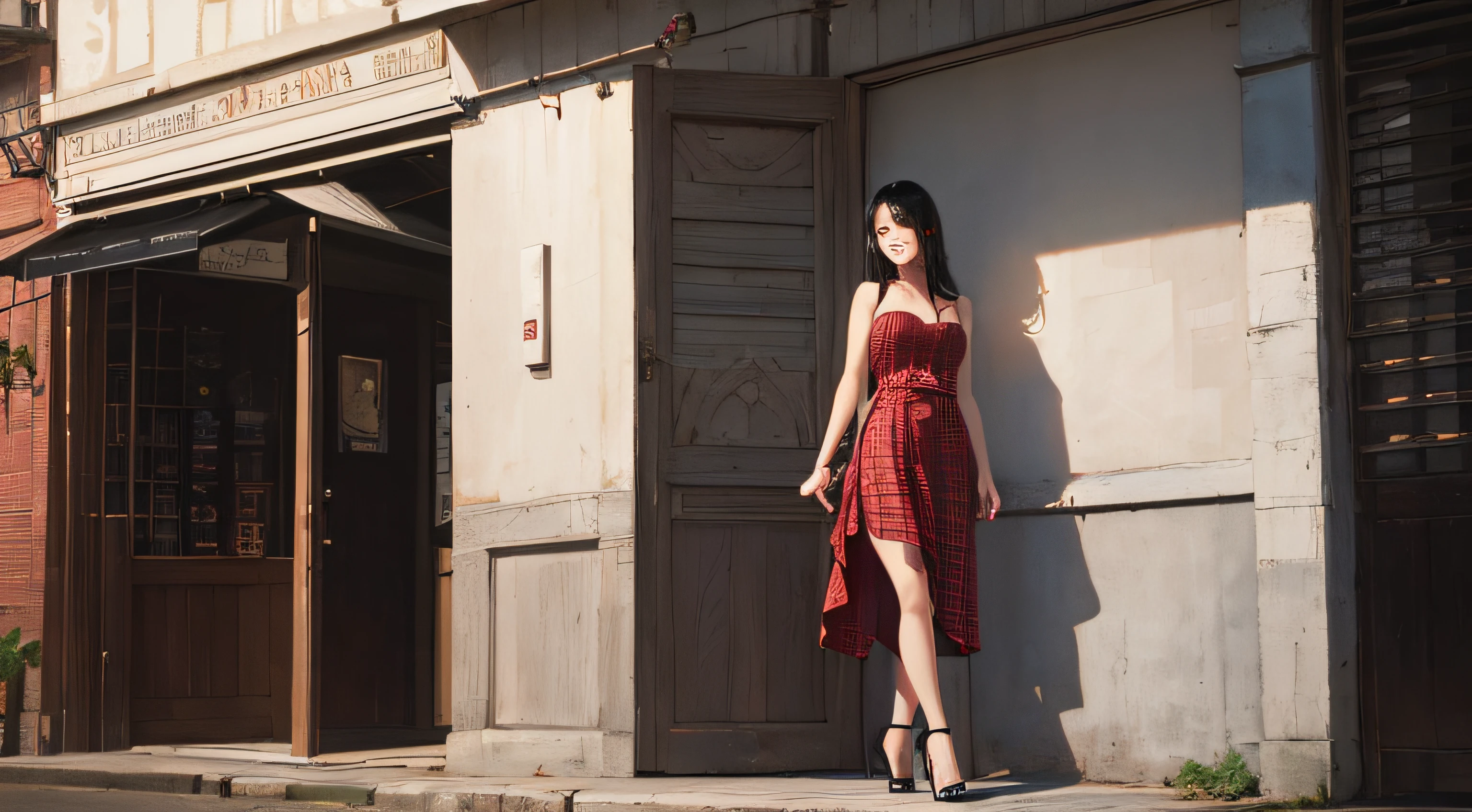 (printed plaid dress), (bare shoulders), 1 girl, (full body), (stiletto heels), (short hair: 1.1), (realistic: 1.7), (best quality)), ridiculous, (ultra-high resolution), (realistic: 1.6), realistic, octane rendering, (surreal: 1.2), (realistic face: 1.2), (8k), (4k), (masterpiece), (realistic skin texture), (illustration, movie lighting, wallpaper), (beautiful eyes: 1.2), (perfect face))), (cute), (standing), (smile: 0.9), (black hair), (long hair), dark eyes, red lips, (outdoor), --auto