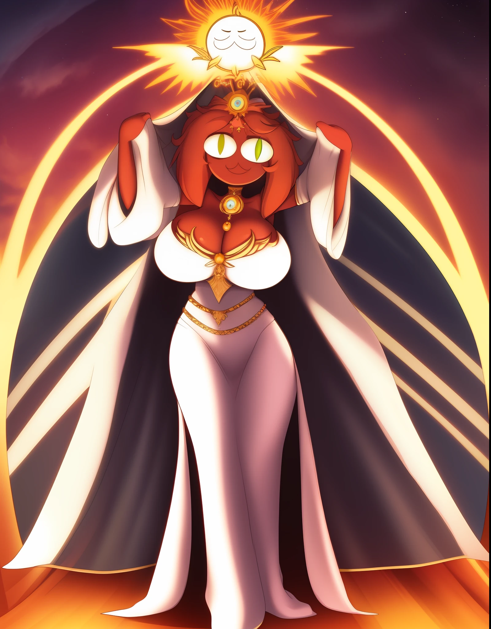 neco-arc,huge breast, curvy, female,fantasy goddess,there is a cartoon picture of a woman with a very large breast, glowing angelic being, glowing holy aura, inspired by Luma Rouge, the non-binary deity of spring, ethereal rainbow nimbus, the butterfly goddess of fire, inspired by Marie Angel, glowing aura around her, astral fairy, as the goddess of the sun, “uwu the prismatic person, big breast, happy, beautiful eyes, , full body, walking, long robe, long dre, catgirlss