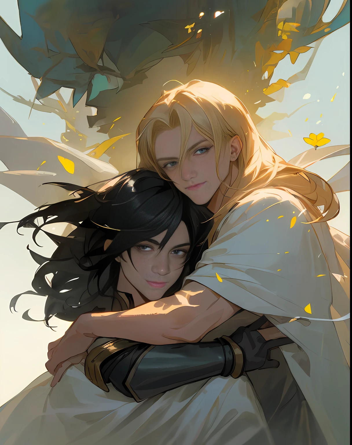 ((top quality, masterpiece)), comic art, concept art, watercolor, (((2 men)), two beautiful men hugging each other, one is a beautiful young man in white robes with blond long hair and blue eyes. The other is a strong black knight in black armor with short hair and black hair with golden eyes (handsome: 1.4), fantasy, forest, blooming flowers, sunlight, fantastic light and shadow, landscape, highly detailed face, portrait, smile, pose, particle, wind, flower, upper body, simple background, looking at viewer, using backlight and rim light