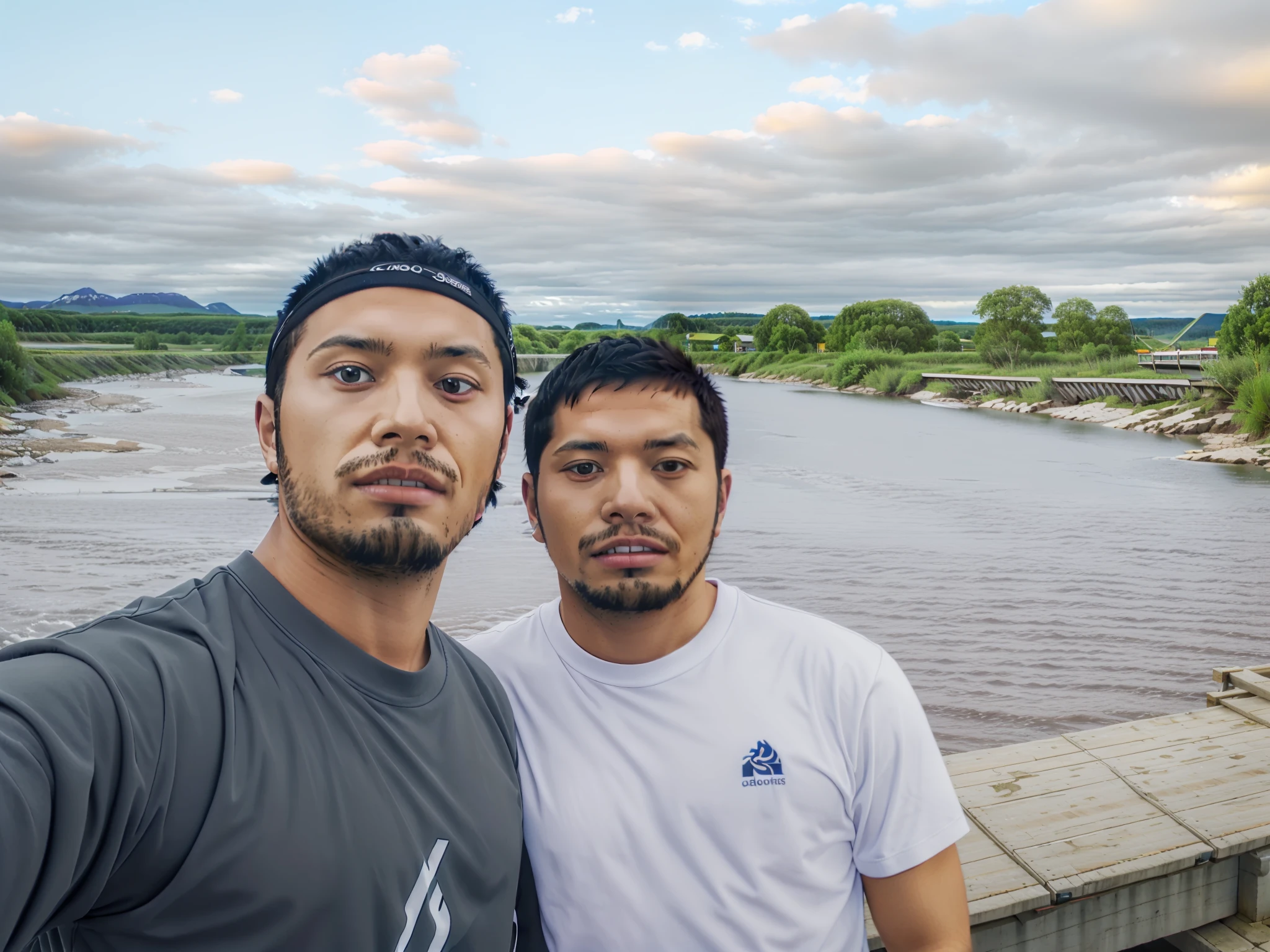 Two people standing on a bridge next to a river with the river in the background