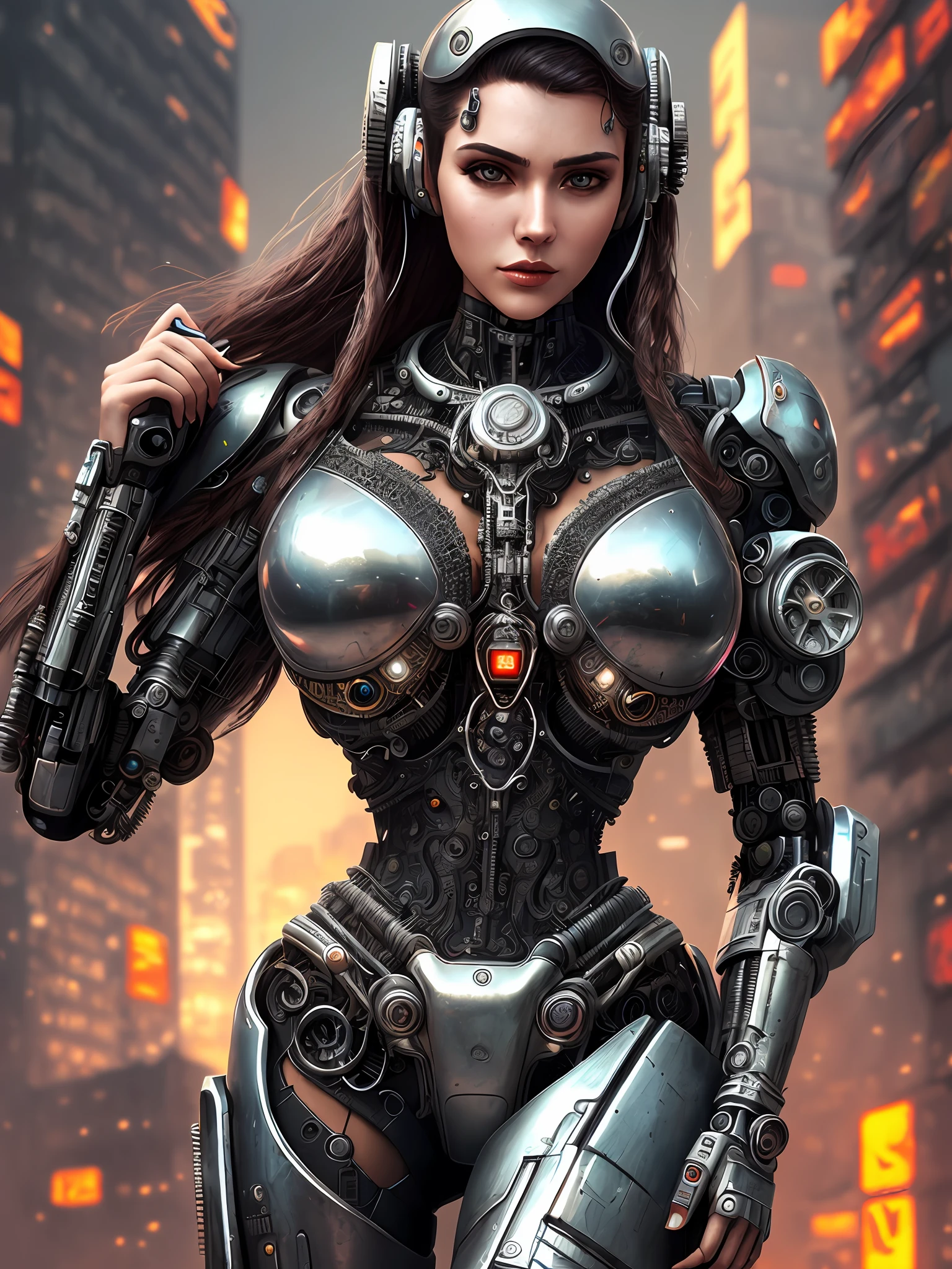 stunning, lush and voluptuous woman ((made of metal, cyborg)), ((cyberpunk style)), ((intricate details:1.3)), ((HDR)), ((intricate details, hyper-detailed)), ((cinematic shot)), ((vignette))