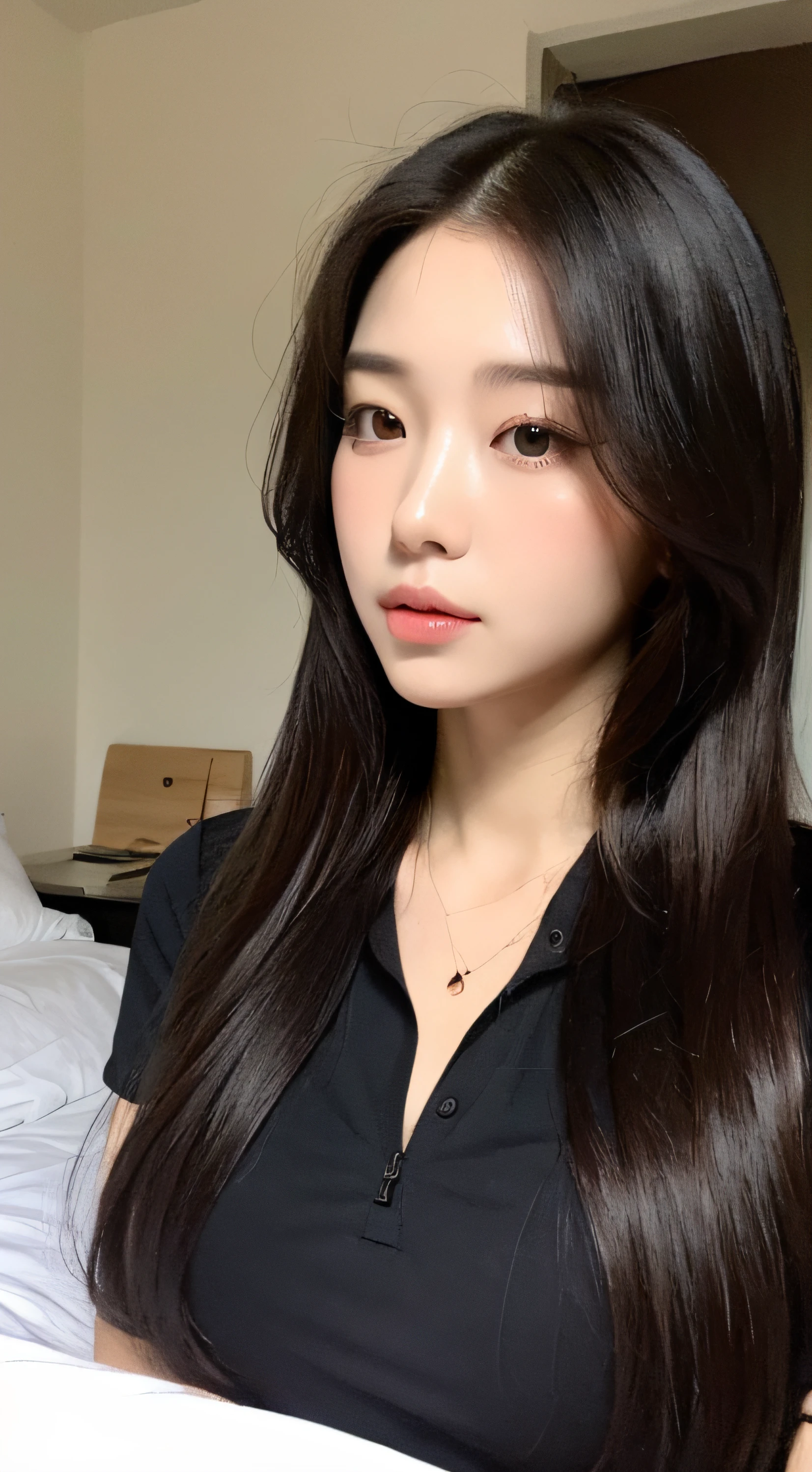 ((Top quality, 8k, Masterpiece: 1.3)), beauty, hidden face, 1 girl, beauty: 1.3, slender abs: 1.1, large men's shirt (loose: 1.4) exposed, full chest, long black hair, (kneeling on bed), ultra-detailed face, highly detailed lips, detailed eyes, double eyelids, strict head and body ratio: 1.5,