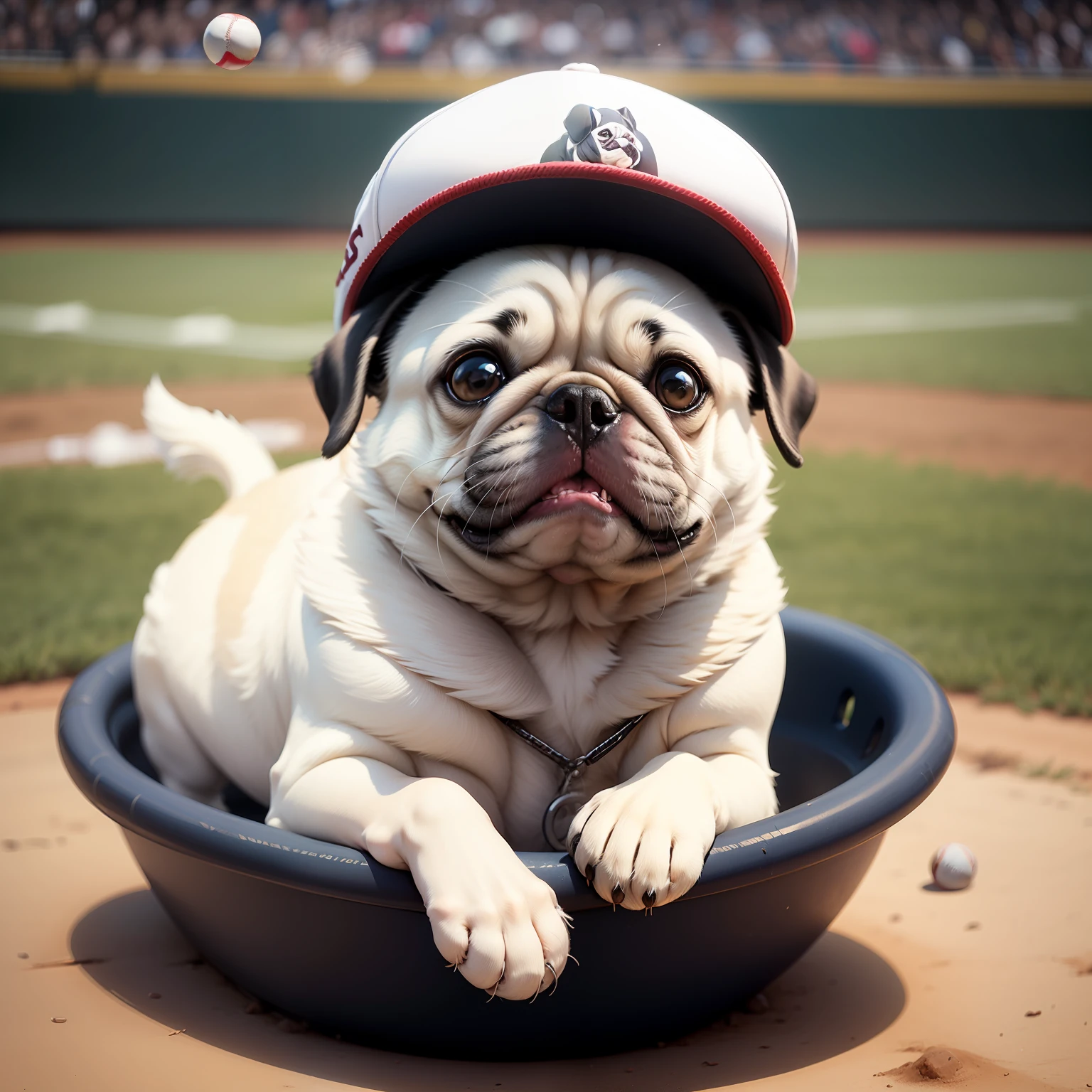Baseball fan small white pug, hat hat