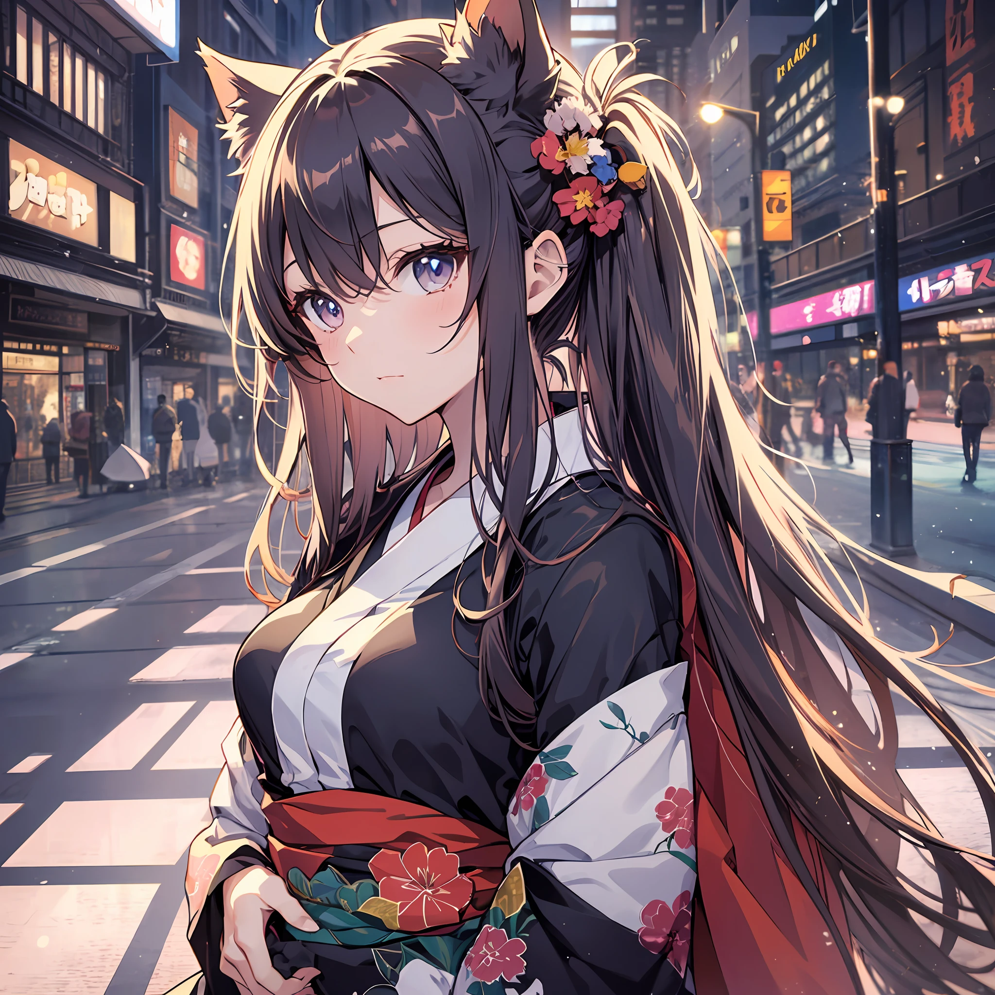 Best quality, 8K)) One woman anime girl with long hair and cat ears, Rin Tosaka, anime moe art style, anime style like Fate/stay night, anime girl with long hair, very cute anime girl face, nightcore, from the front line of girls, cute anime girl portrait, anime girl with cat ears, high quality anime art style, beautiful anime women gorgeous yukata