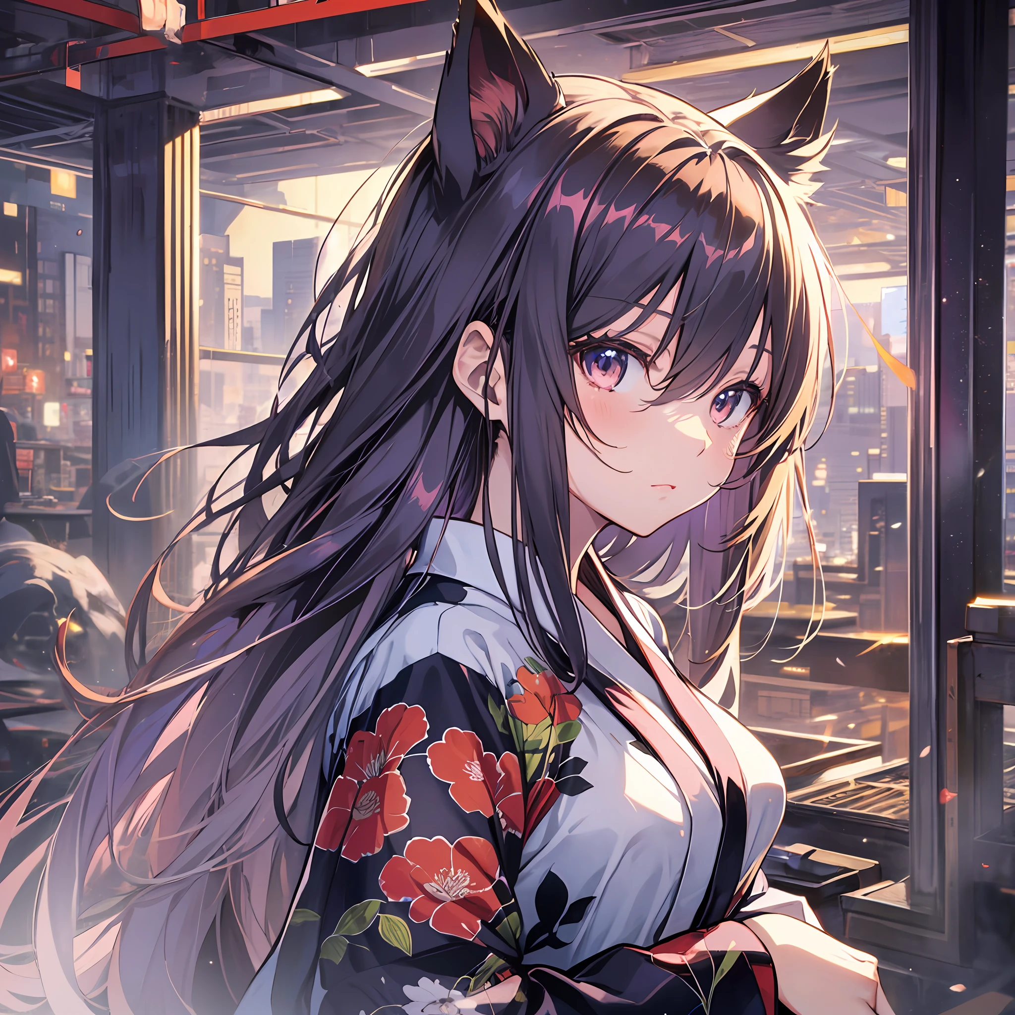 Best quality, 8K)) One woman anime girl with long hair and cat ears, Rin Tosaka, anime moe art style, anime style like Fate/stay night, anime girl with long hair, very cute anime girl face, nightcore, from the front line of girls, cute anime girl portrait, anime girl with cat ears, high quality anime art style, beautiful anime women gorgeous yukata