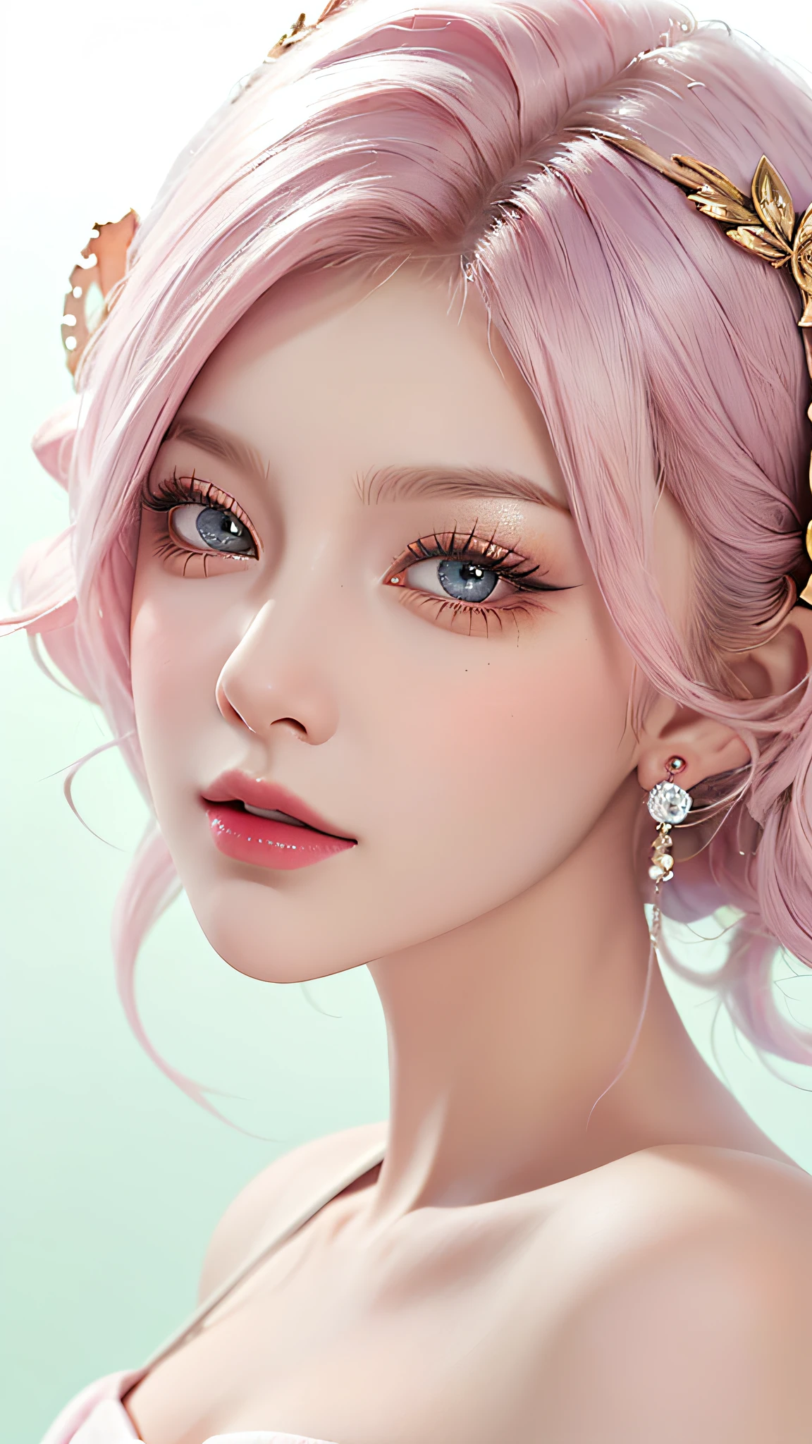 (((Very detailed face)))),((Very detailed eyes and face))),Beautiful detailed eyes,Unified 8k wallpaper,Super detail,Beautiful and beautiful,Beautiful,Masterpiece,Best Quality,Original,Masterpiece,Super Fine Photo,Best Quality,Ultra High Resolution,White Background,Acrylic Paint,Sweet Chinese Girl,Solo,[Light Blue|Pink] Hair, Curly Hair, Glitter, Pink Lips, White Shirt, Front, Clean Face, Clean Skin, Perfect Ears, Luxury Jewelry, Heartwarming expression, looking at the reader, frontal, full upper body, bandeau short skirt.