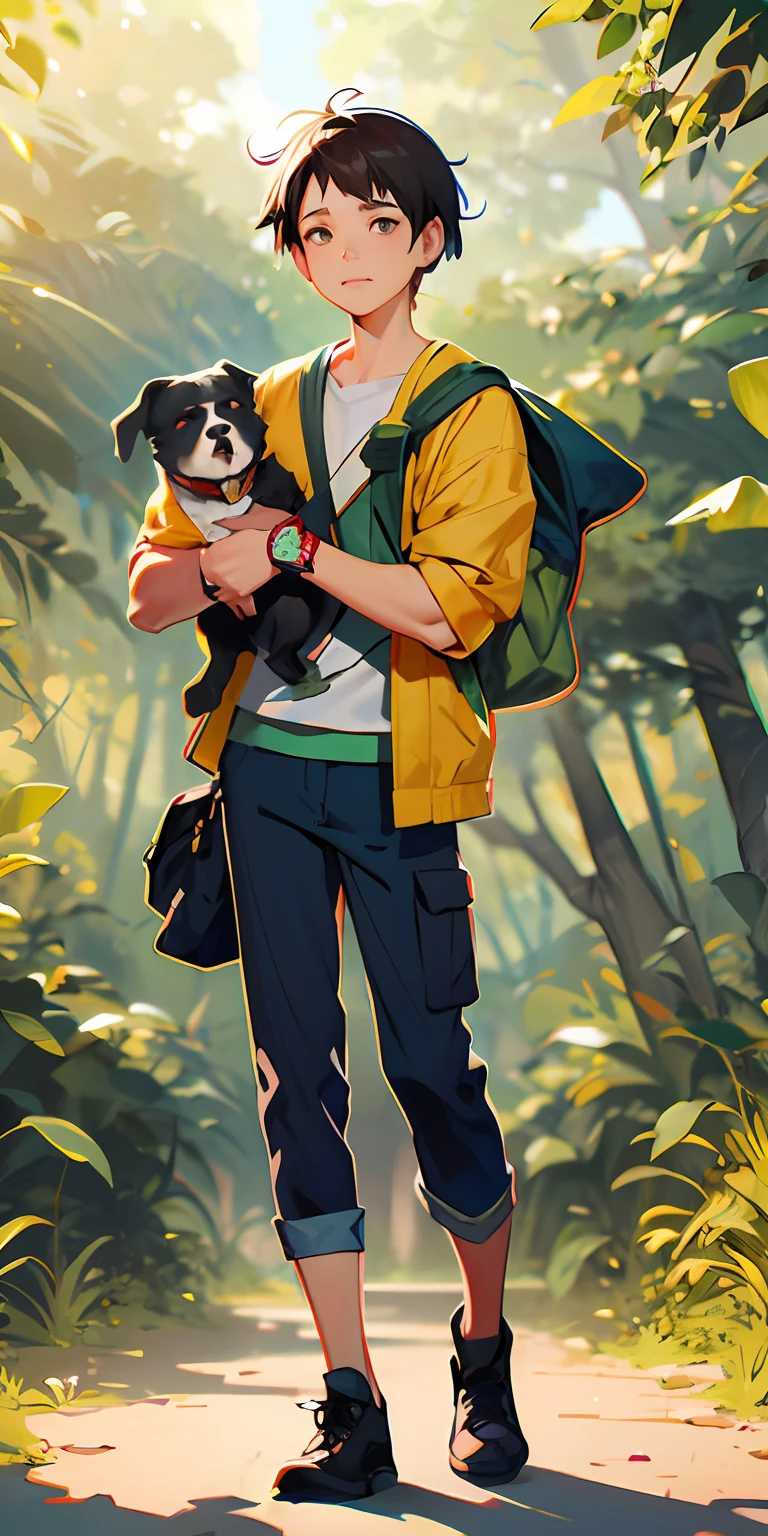 Cartoon boy with backpack and dog walking in the woods, Scout boy, Gouviz-style artwork by Atey Ghailan, detailed fan art, artgerm and atey ghailan, illustrated by Ryan Yee, digital anime illustration, inspired by Atey Ghailan, style for Atey Ghailan wearing a hat