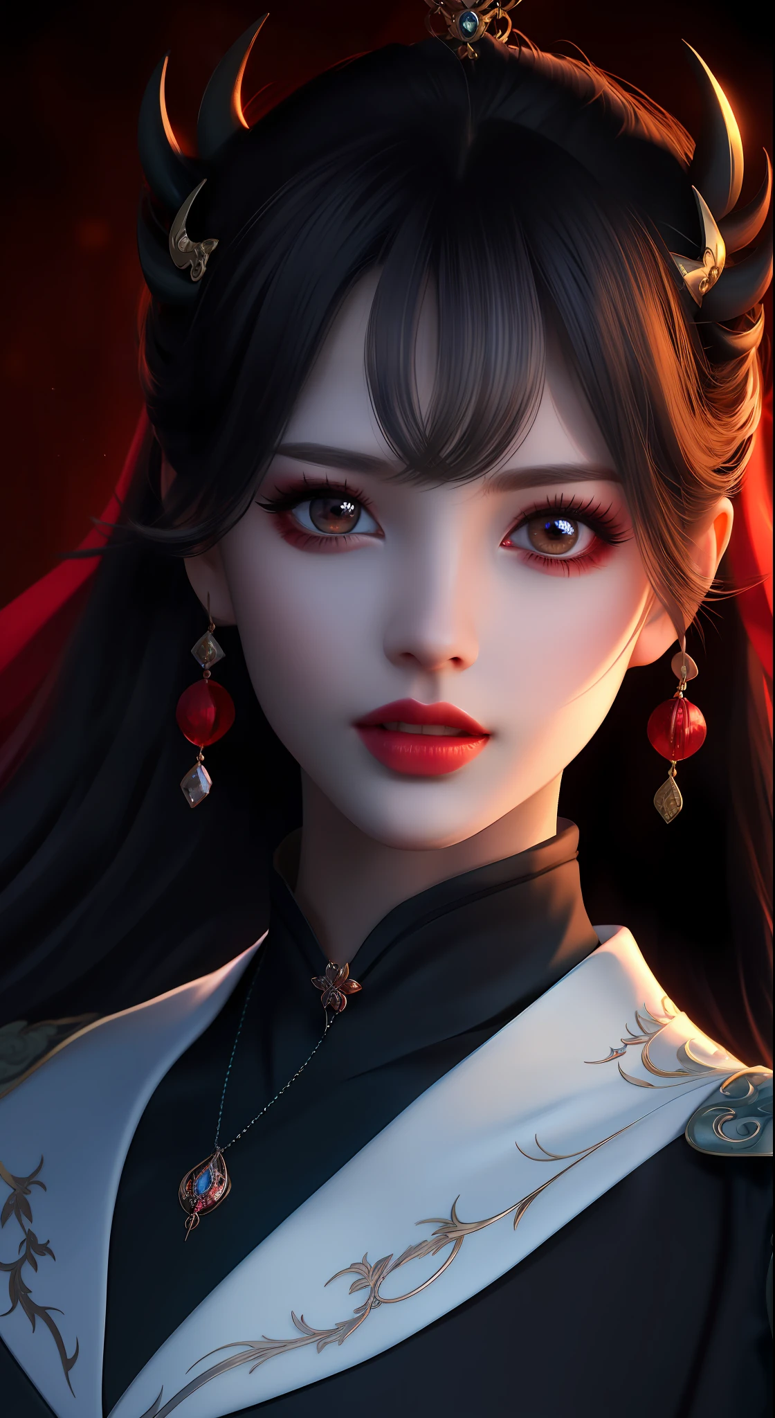 best quality, masterpiece, highres, 1girl, hanfu, white and even teeth, chinese underwear, hair ornaments, necklace, jewelry, crown jewelry. Pretty face, upper body, magic import style, tyndall effect, photorealistic, dark studio, border light, two tone light, (high detail skin: 1.2), 8k uhd, dslr, soft light, high quality, volumetric light, candid, Photo, high resolution, 4k, 8k, Bokeh, (light pink lips), 1 beautiful demon from hell, In the Dark: 1.6), surreal female portraits by David Hockney and Alphonse Mucha, fantasy art, photorealism, dynamic lighting, station art, posters, volumetric lighting, highly detailed faces, super 8k, Awarded, in the dark, deep shadow, low light, cowboy lens, (Red phoenix dress: 1.4), long hair, black hair, bust, palace luxury, Royal style, crown devil, red eyes with very sharp and detailed makeup, Best face, Very big and round and round breasts, Surreal, chinese women's clothes, turtleneck polo shirt, charming smile, Beautiful eyes makeup, guweiz, devil style, black mesh stockings, ponytail with a bow at the back, dark red lips, Devil tattoo on shoulder, wearing a thin red and black shirt , cape, overcast and thundering landscape, (Portrait), Protagonist Close-up, (Background detail 1.8),