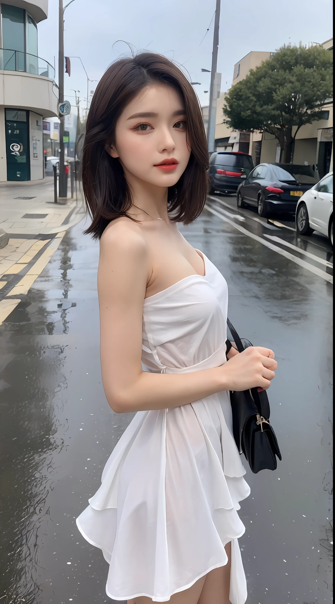 ((Best Quality, 8k, Masterpiece: 1.3)), Focus: 1.2, Perfect Body Beauty: 1.4, Buttocks: 1.2, ((Layered Haircut, Flat Chest: 1.2)), (Rain, Street:1.3), Bandeau Dress: 1.1, Highly Detailed Face and Skin Texture, Fine Eyes, Double Eyelids, Whitened Skin, Long Hair, (Shut Up: 1.3), Full Body