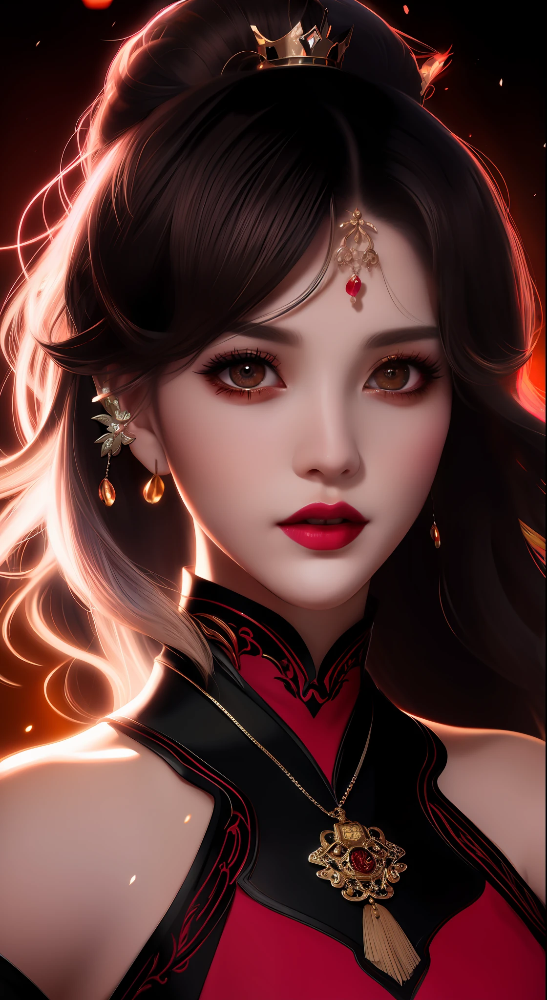 best quality, masterpiece, highres, 1girl, hanfu, white and even teeth, chinese underwear, hair ornaments, necklace, jewelry, crown jewelry. Pretty face, upper body, magic import style, tyndall effect, photorealistic, dark studio, border light, two tone light, (high detail skin: 1.2), 8k uhd, dslr, soft light, high quality, volumetric light, candid, Photo, high resolution, 4k, 8k, Bokeh, (light pink lips), 1 beautiful demon from hell, In the Dark: 1.6), surreal female portraits by David Hockney and Alphonse Mucha, fantasy art, photorealism, dynamic lighting, station art, posters, volumetric lighting, highly detailed faces, super 8k, Awarded, in the dark, deep shadow, low light, cowboy lens, (Red phoenix dress: 1.4), long hair, black hair, bust, palace luxury, Royal style, crown devil, red eyes with very sharp and detailed makeup, Best face, Very big and round and round breasts, Surreal, chinese women's clothes, turtleneck polo shirt, charming smile, Beautiful eyes makeup, guweiz, devil style, black mesh stockings, ponytail with a bow at the back, dark red lips, Devil tattoo on shoulder, wearing a thin red and black shirt , cape, overcast and thundering landscape, (Portrait), Protagonist Close-up, (Background detail 1.8),