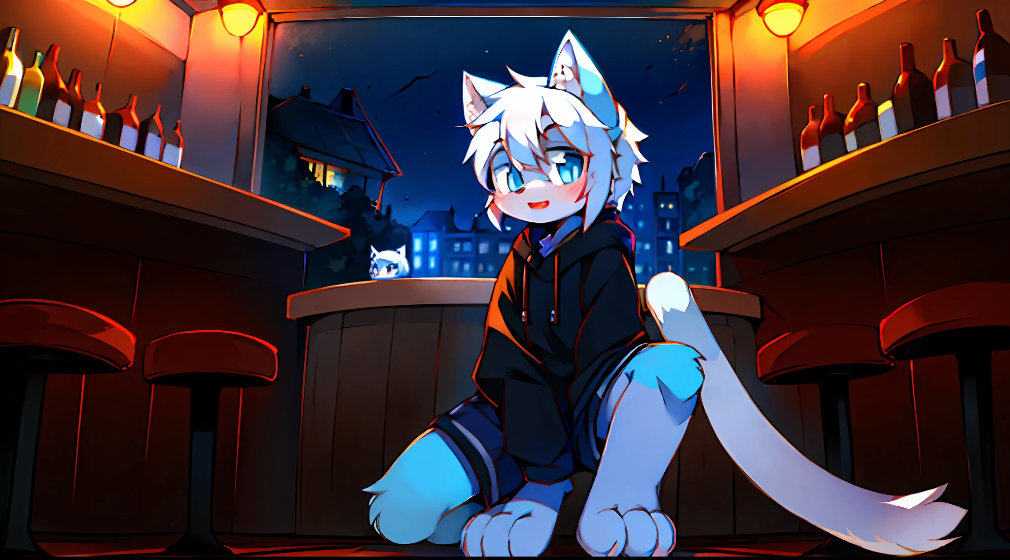 Cat, white hair, white cat ears, blue eyes, sky blue paws, white cat tail, cute, big eyes, Shota, wearing a black sweatshirt, bar at night