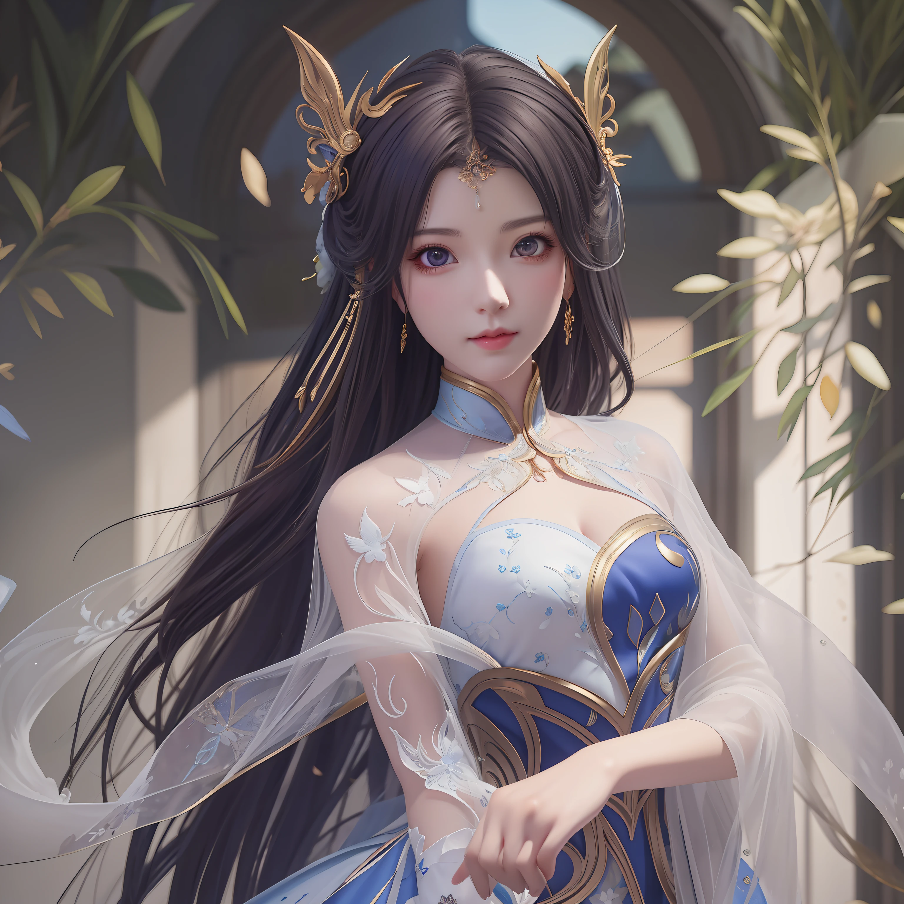 anime - style image of a woman dressed in a white and blue dress, artwork in the style of guweiz, a beautiful fantasy empress, fantasy art style, ruan jia and artgerm, fanart best artstation, extremely detailed artgerm, 2. 5 d cgi anime fantasy artwork, wlop | artgerm, artgerm and ruan jia