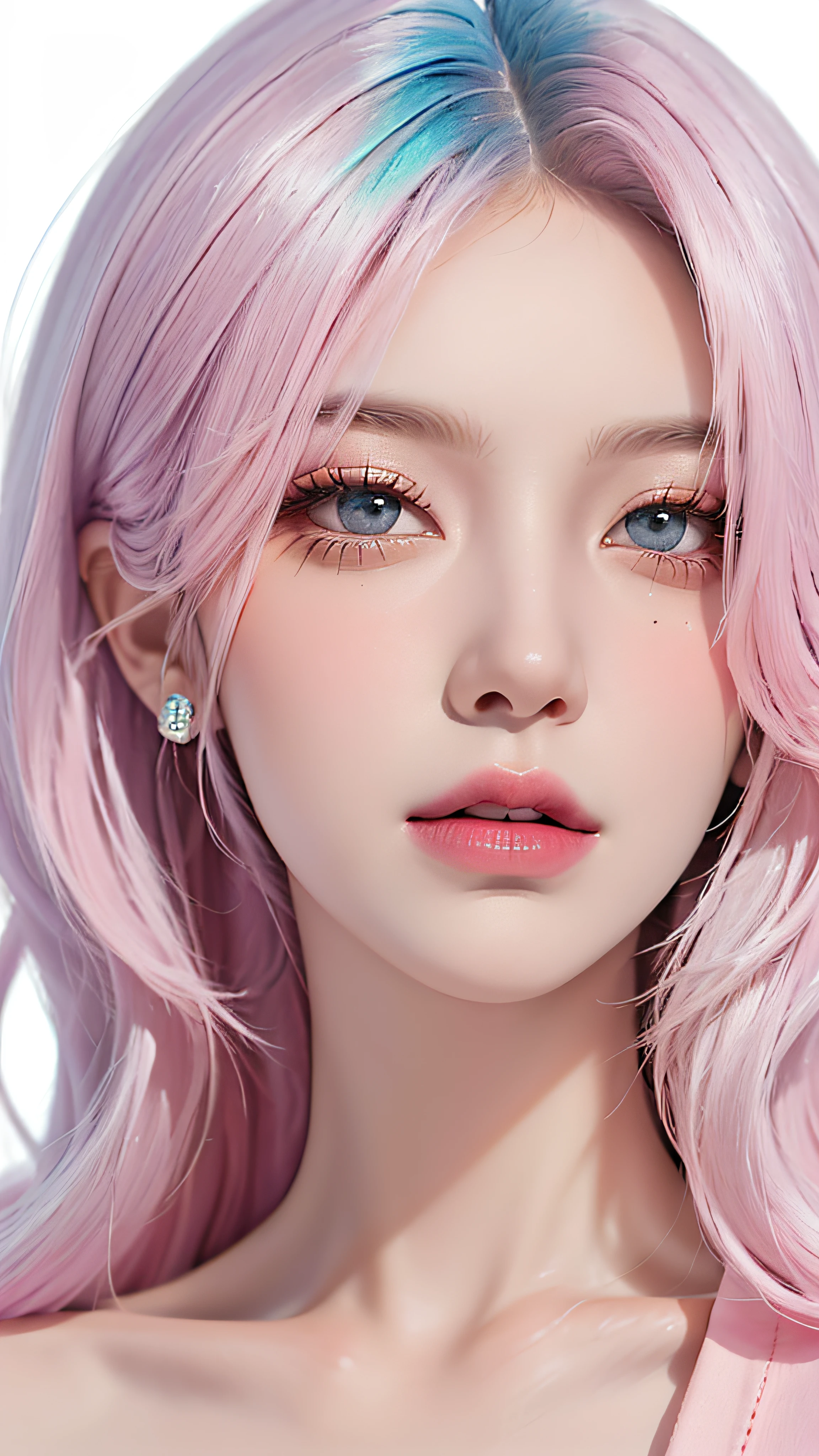 (((Very detailed face)))),((Very detailed eyes and face))),Beautiful detailed eyes,Unified 8k wallpaper,Super detail,Beautiful and beautiful,Beautiful,Masterpiece,Best Quality,Original,Masterpiece,Super Fine Photo,Best Quality,Ultra High Resolution,White Background,Acrylic Paint,Sweet Chinese Girl,Solo,[Light Blue|Pink] Hair, Curly Hair, Glitter, Pink Lips, White Shirt, Front, Clean Face, Clean Skin, Perfect Ears, Luxury Jewelry, Heartwarming expression, looking at the reader, frontal, full upper body, bandeau short skirt.
