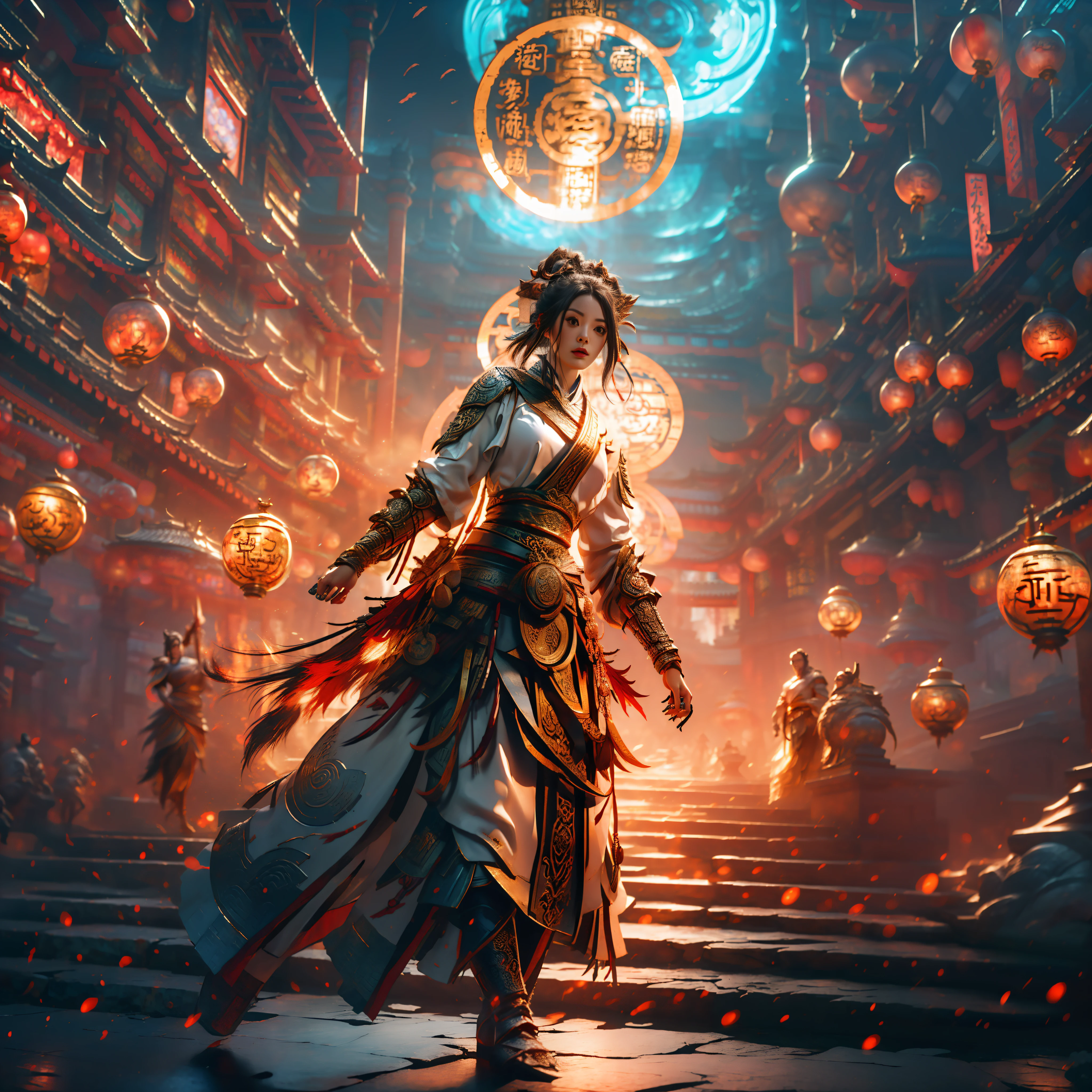 A breathtaking photo showcasing incredible detail and masterful composition. This is truly a wallpaper that will leave viewers in awe.raw photo, best quality, masterpiece, ultra high res, (photorealistic:1.4), Anime a poster, 1hand holding a big long sword, two hands, wear kungfu master cloth, wave, chinese traditional ink style, Maiden Demon Slayer, main color is golden and white and black ink, dynamic movement, dynamic pose, movement, full body::1 Amazing Vector in oil painting environmental, art cinematic, diorama, intricate detail, solo, dress, long black hair, floating_hair, (magic circle:1.2),xiuxian,upper body,Beautiful girl,full body,east asian architecture,sheath,architecture, (sharp focus on face), color, realistic, 8 k, high definition, insanely detailed, elegant, ultra realistic, photorealism,
