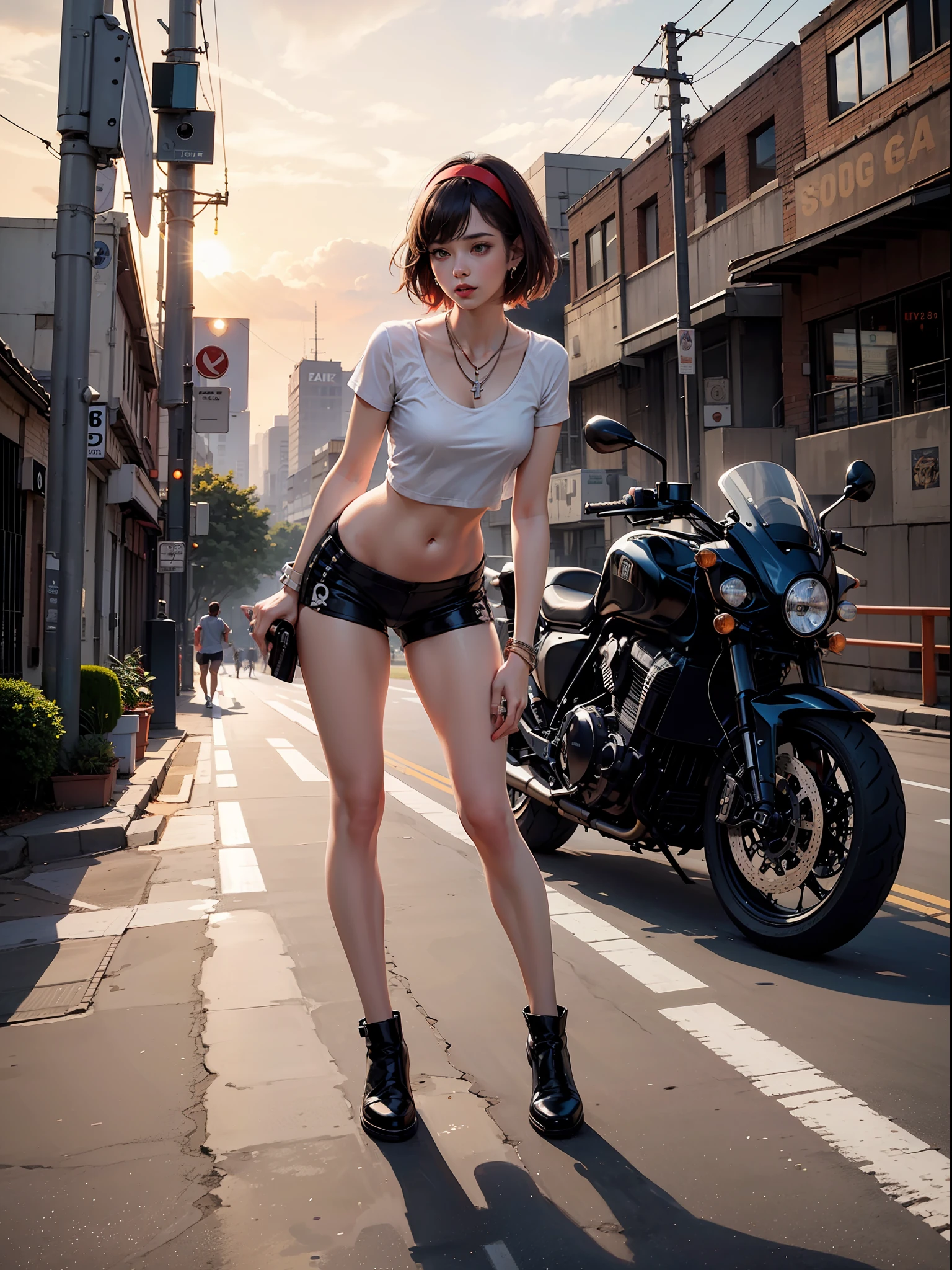 Best quality, full body portrait, delicate face, red short hair, hair band, forehead, 18 year old girl, slim figure, huge bust, leaning forward,oversized crop top T-shirt, belly, small waist, crotch gap, cameltoe, sports shorts, sunset bridge, retro motorcycle, scene, standing tall, , necklace, rings, earrings, bracelet, watch, Vans Old Skool, standing, open legs