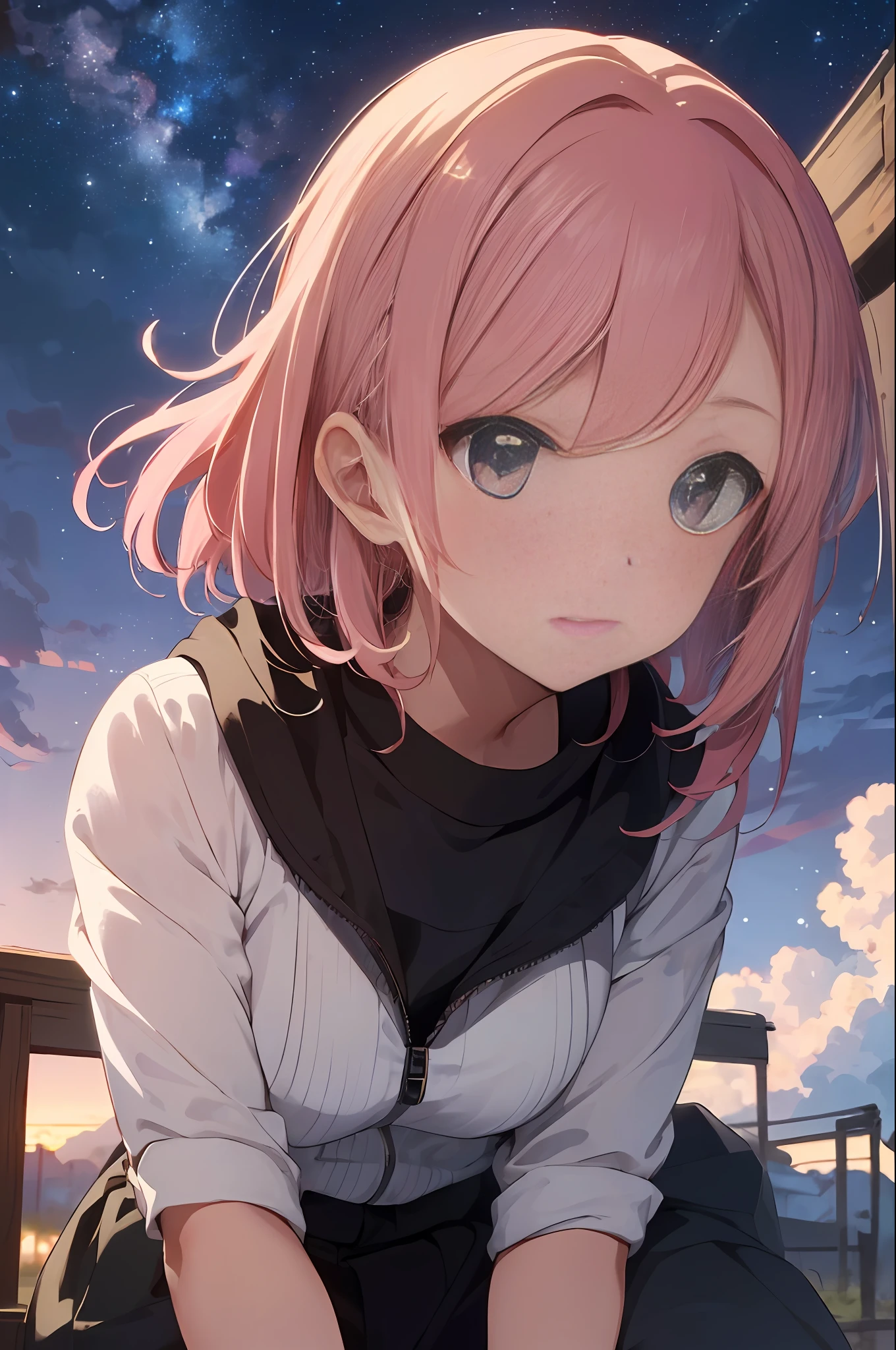 ((masterpiece)), (highest quality), (super detail), 8k, delicate depictions shot in anime style. The Milky Way spreads on the screen, and the whole body, (composition is 95% of the night sky of the Milky Way, pink-haired girl occupies 5%),(Profile)),(Looking up at the sky)), (((Humans are displayed from the bottom of the screen to 10% height), the rest are night sky))