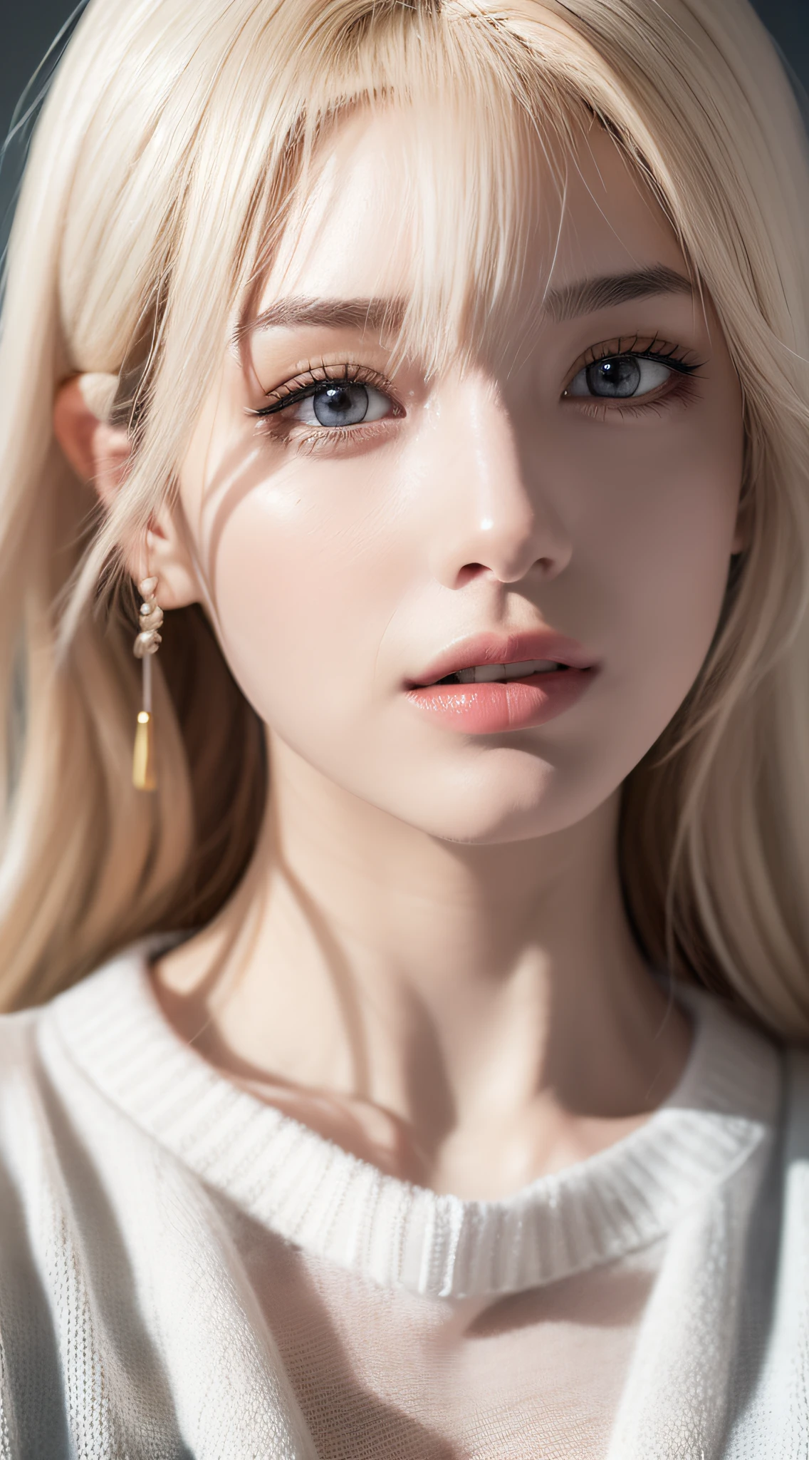 (Ultra Real), (Illustration), (High Resolution), (8K), (Very Detailed), (Beautiful Detailed Eyes), (Best Quality), (Super Detail), (Masterpiece), Beautiful Face, (Detailed Face), Side, Clear Facial Features, Double Eyelids, Milky White, Fair Skin, High Detail Skin, Realistic Skin Details, Visible Pores, (Sweater), Ridiculous, Attractive, Ultra High Resolution, Ultra Realistic, Very Detailed, Golden Ratio, Look Up, Dynamic Lighting