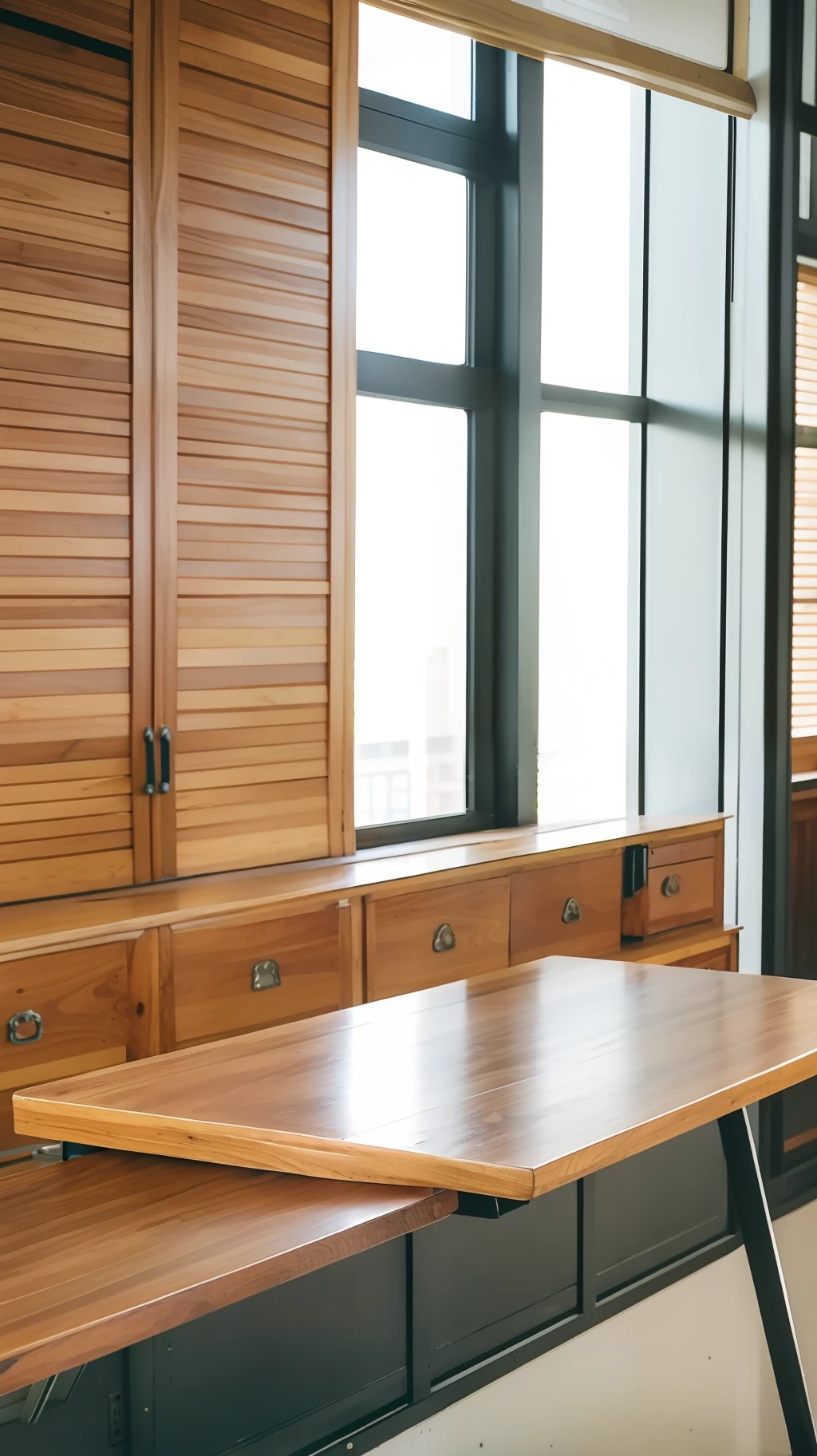Near an empty wooden desk