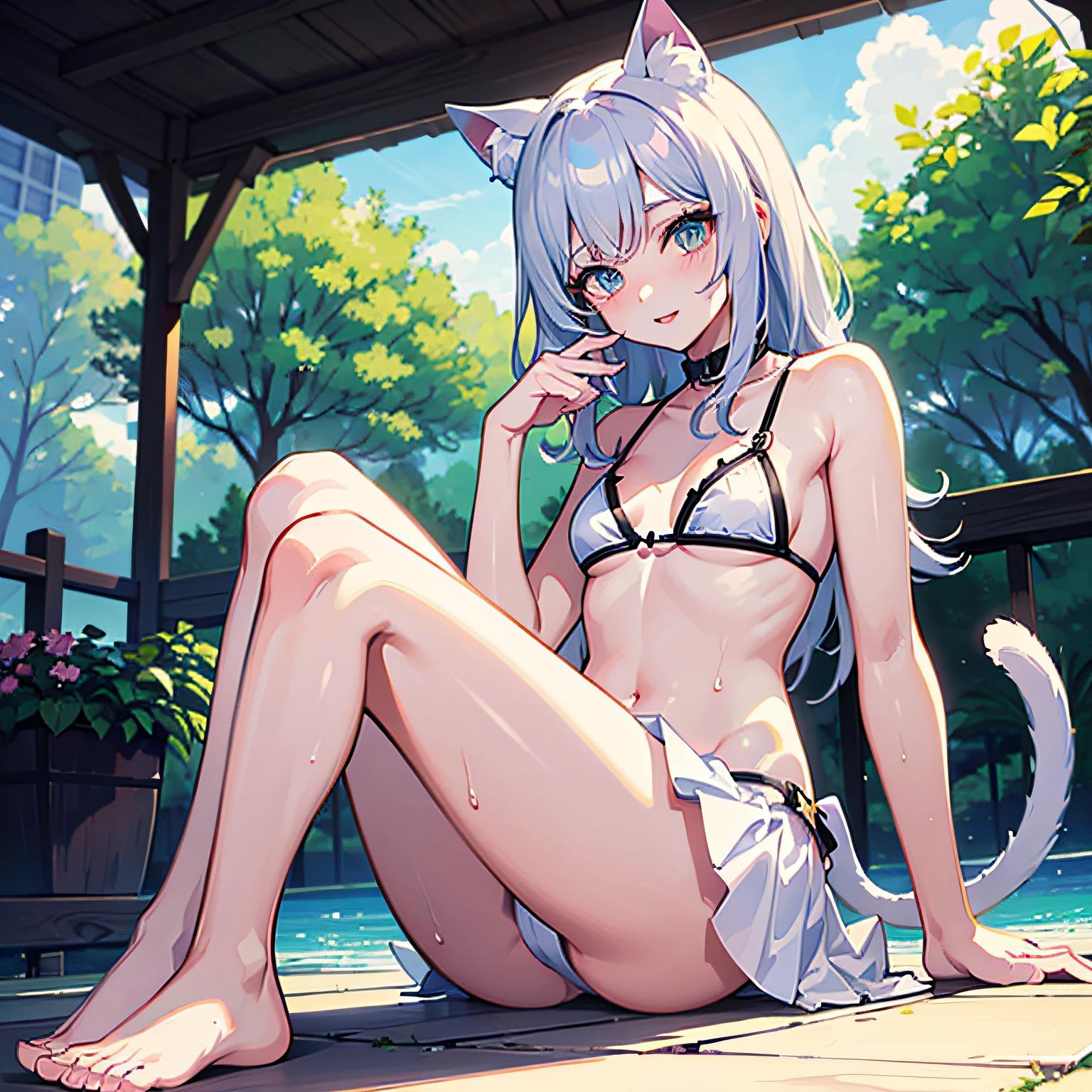 Color hair girl sitting on the floor with legs crossed, nekomimi, white cat girl, attractive cat girl, anime girl role play, anime cat woman, beautiful young cat woman, very beautiful and cute cat woman, anime cosplay, very beautiful anime cat girl, female furry mini cute style, white (cat) girl, cute anime cat girl, cat ears and tail, bare feet, detailed feet, detailed toes, delicate smooth skin, wet body, white knot mini bikini, sexy --auto