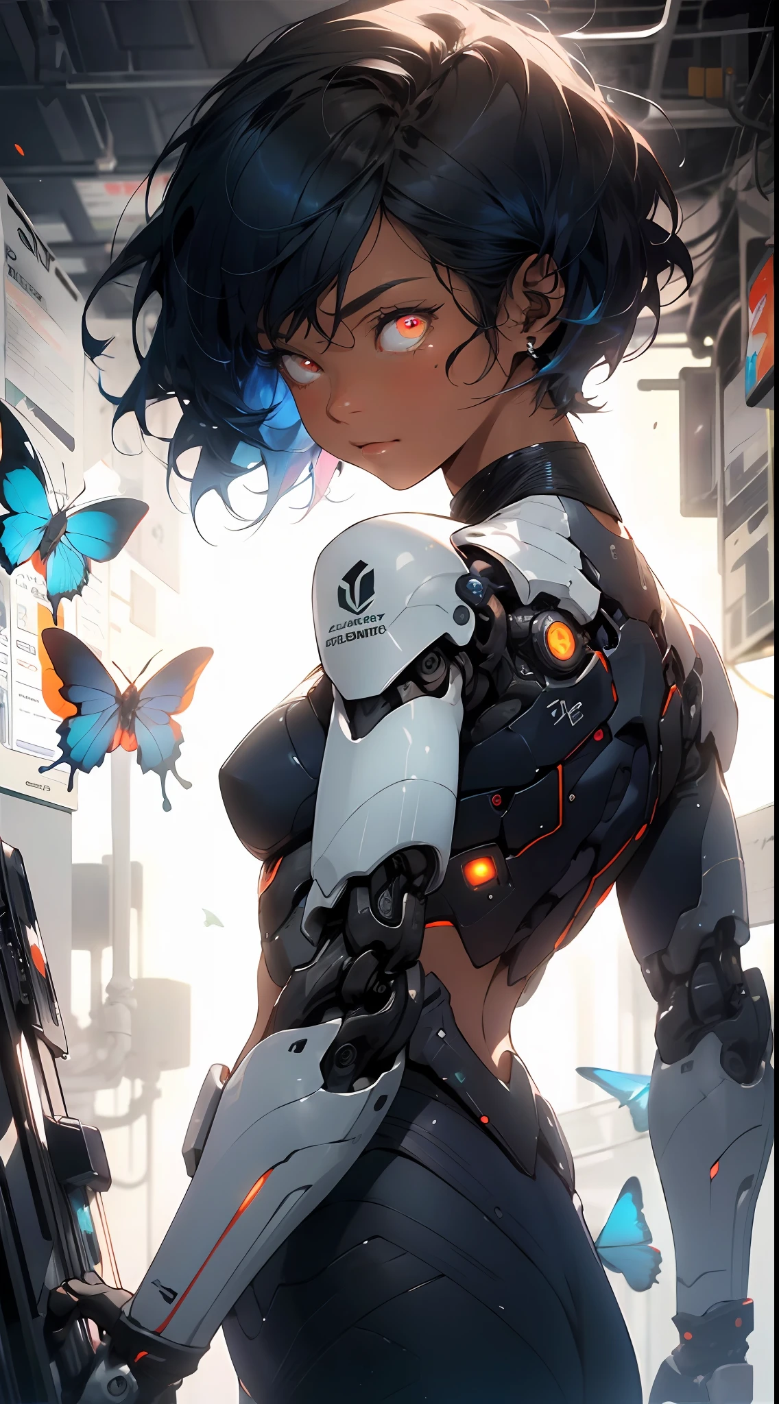 A Mysterious Woman 1.5, Realistic, God, Butterfly, (First Person 1.5), Mecha Behind Open Fluorescent Blue Butterfly Wings, ((Glowing Red Eyes 1.5))), Black and Blue Hair, Short Hair 1.5, Mysterious, (Magic), Perfect Figure, Tight Uniform, Dark Skin, Style Art Germ, Extremely Detailed Art Germ, IG Model, (Best Quality), Super Detailed, Ultra Realistic, Octane Renderer, High Dynamic Range, (HDR), 32K Resolution, Super Resolution, Megapixels, Tyndall Effect, Lens Vires, Shadows, Backlight, Depth of Field, Natural Daylighting, Hard Focus, Film Grain, Mirror Hologram, Ray Tracing, Very Detailed, Fractal Art, Colorful, Most Detailed, Zentangle, (Abstract background: 1.5),