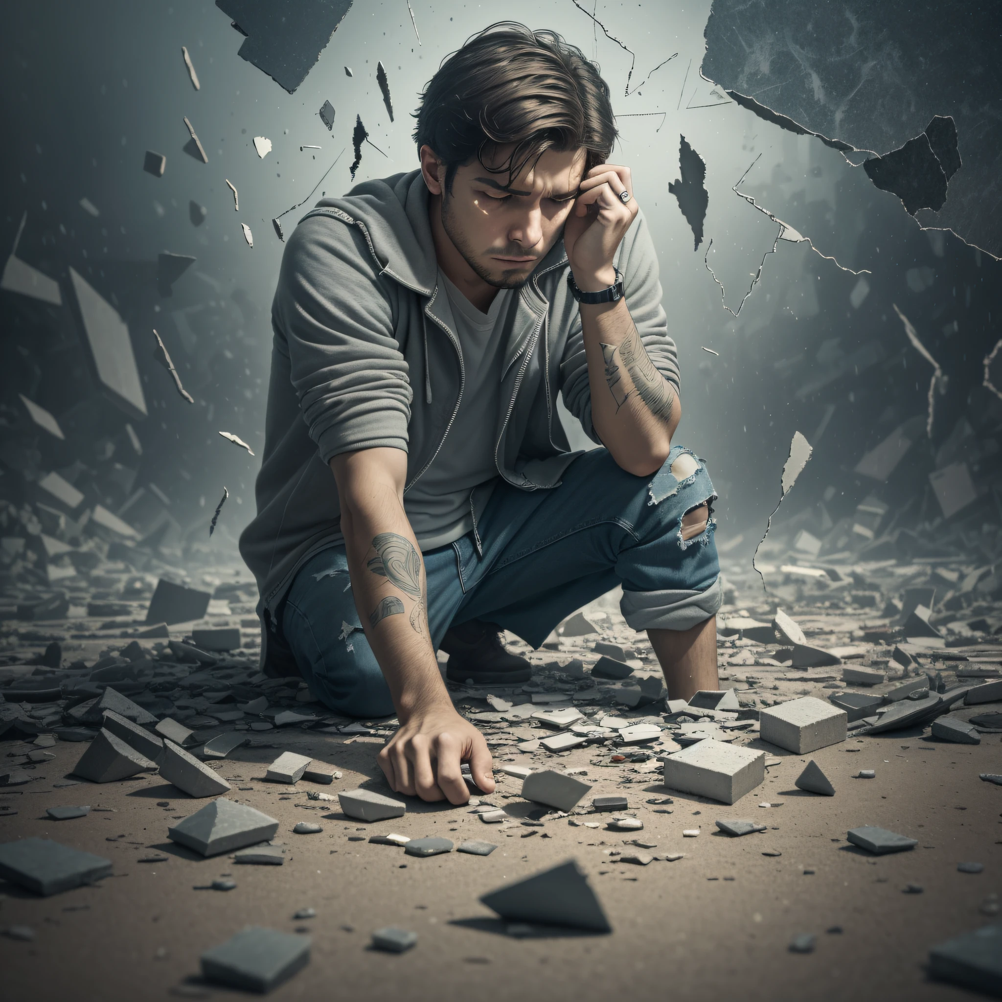 Depict a somber scene where a guy is seen kneeling on the ground, painstakingly gathering shattered pieces of himself. The atmosphere should be dark and gloomy, evoking a sense of despair and introspection. The overall tone should reflect the theme of depression and inner turmoil.
The guy's posture should convey a heavy burden, with slumped shoulders and a downcast gaze. His facial expression should reflect sadness and vulnerability, perhaps with tear-streaked cheeks or a pained expression. The broken pieces surrounding him can symbolize fragmented emotions, shattered dreams, or lost aspects of his identity.
To further enhance the mood, incorporate subtle visual elements such as desaturated colors, dim lighting, and a desolate backdrop. Shadows can envelop the scene, representing the weight of depression and the struggle to find light amidst darkness.
As a metaphorical representation of depression, the shattered pieces could be portrayed as fragmented mirror shards, reflecting distorted and fragmented images. This visual element reinforces the idea of internal struggles and the difficulty of piecing oneself back together.
The overall composition should evoke empathy and invite viewers to reflect on the themes of mental health and the challenges of overcoming depression. It aims to raise awareness and foster understanding of the emotional journey individuals may experience while battling with their inner demons.