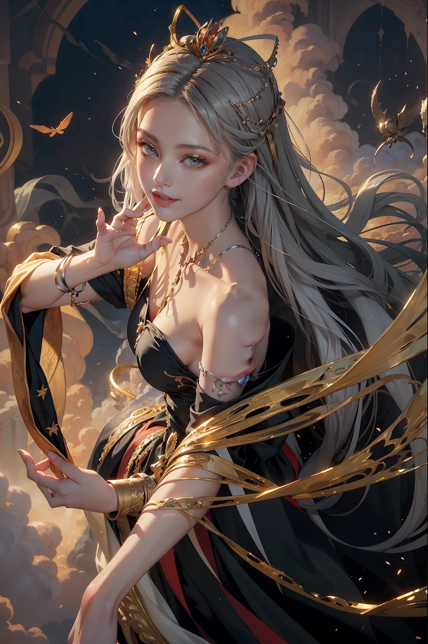 realistic, (masterpiece, top quality, best quality, official art, beautiful and aesthetic:1.2), very detailed, fractal art, colorful, most detailed, dynamic angle, (Wonderland on the clouds) 1girl, queen, silver hair, bright eyes, hair combed back, evil smile, amber eyes, Black robe, open cloth, from above