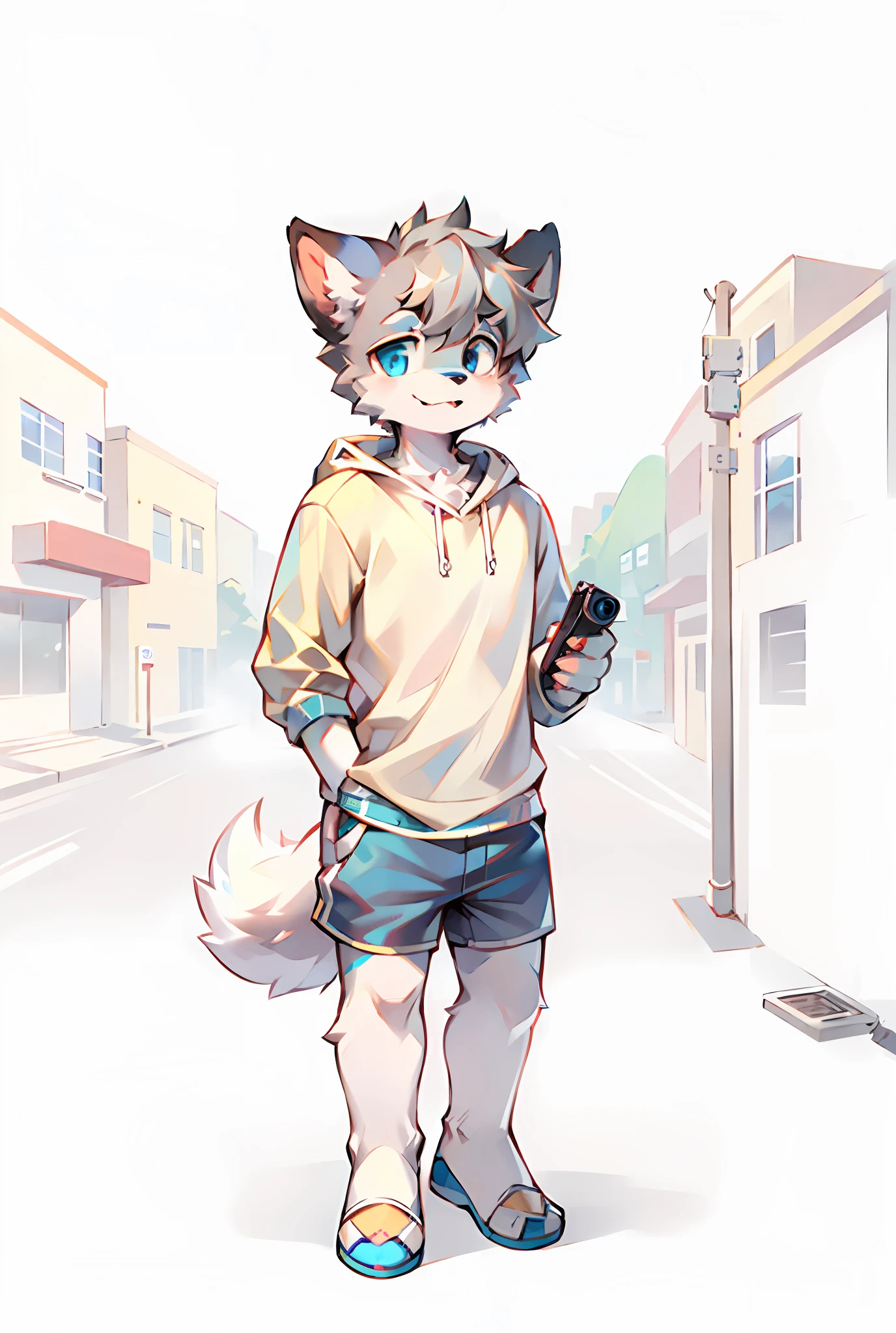 Bright eyes, panorama, character focus solo, furry, furry male dog, male yellow-white fur, blue eyes, gray hair (long), wearing blue shorts shorts, casual clothes, young style, height one meter seven, handsome, has a furry tail, street, camera in hand