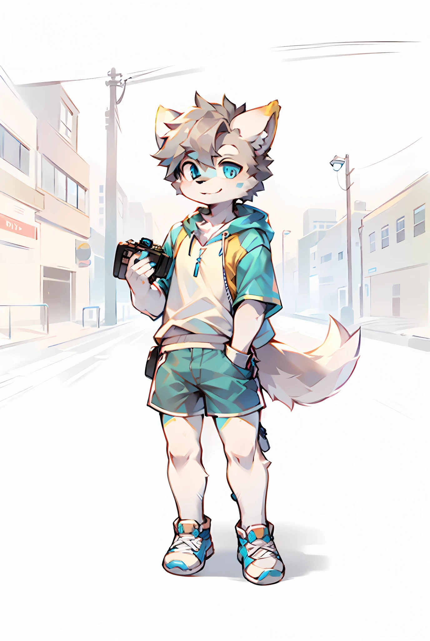 Bright eyes, panorama, character focus solo, furry, furry male dog, male yellow-white fur, blue eyes, gray hair (long), wearing blue shorts shorts, casual clothes, young style, height one meter seven, handsome, has a furry tail, street, camera in hand