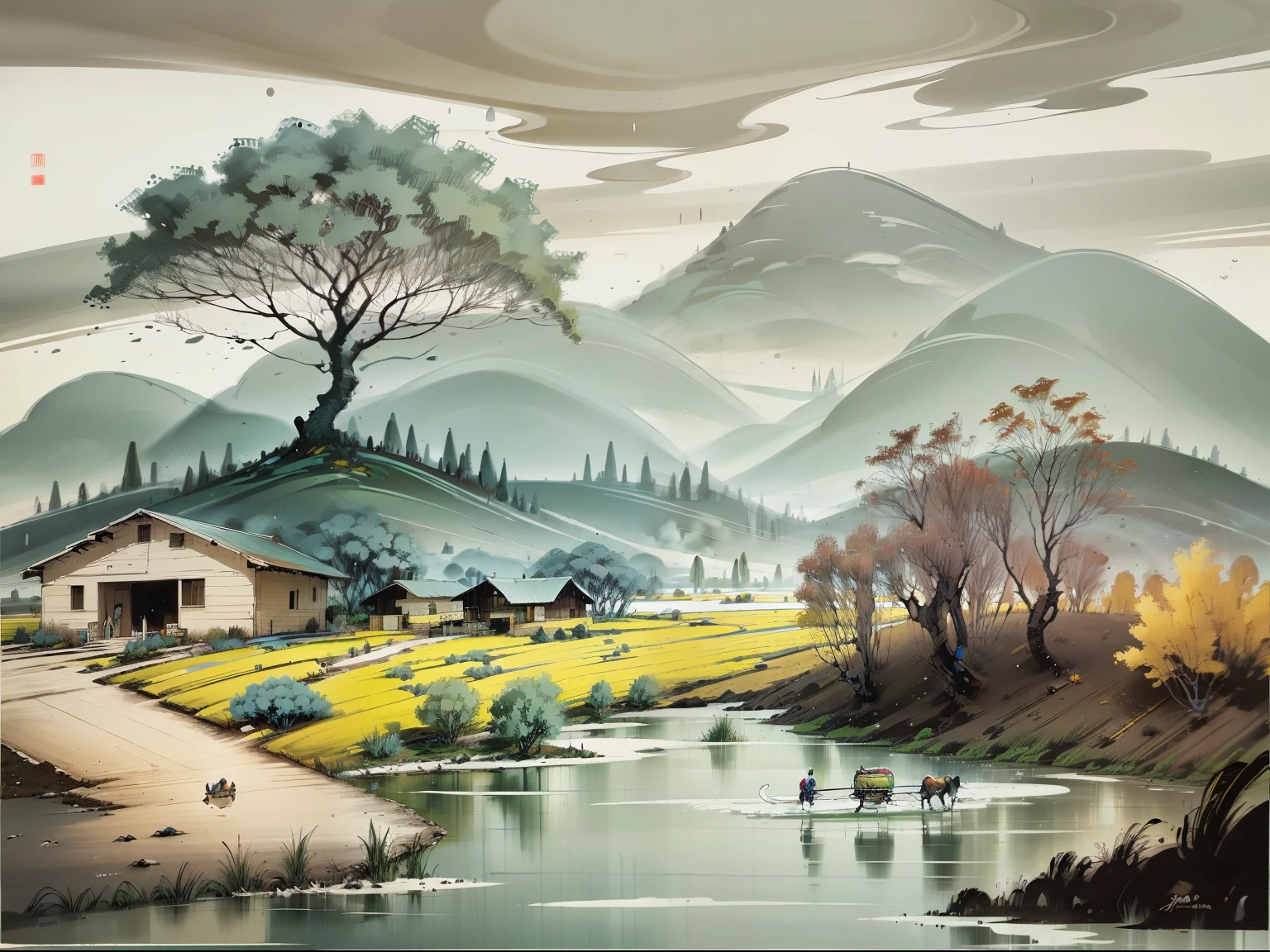 Best quality, masterpiece, illustration), ink painting, rows of tile houses, smoke and rain in the south of the river, jujube trees, a large pond, buffalo, women, children running, quiet mountain villages, pastoral, color nature, color harmony, highest texture, advanced composition,