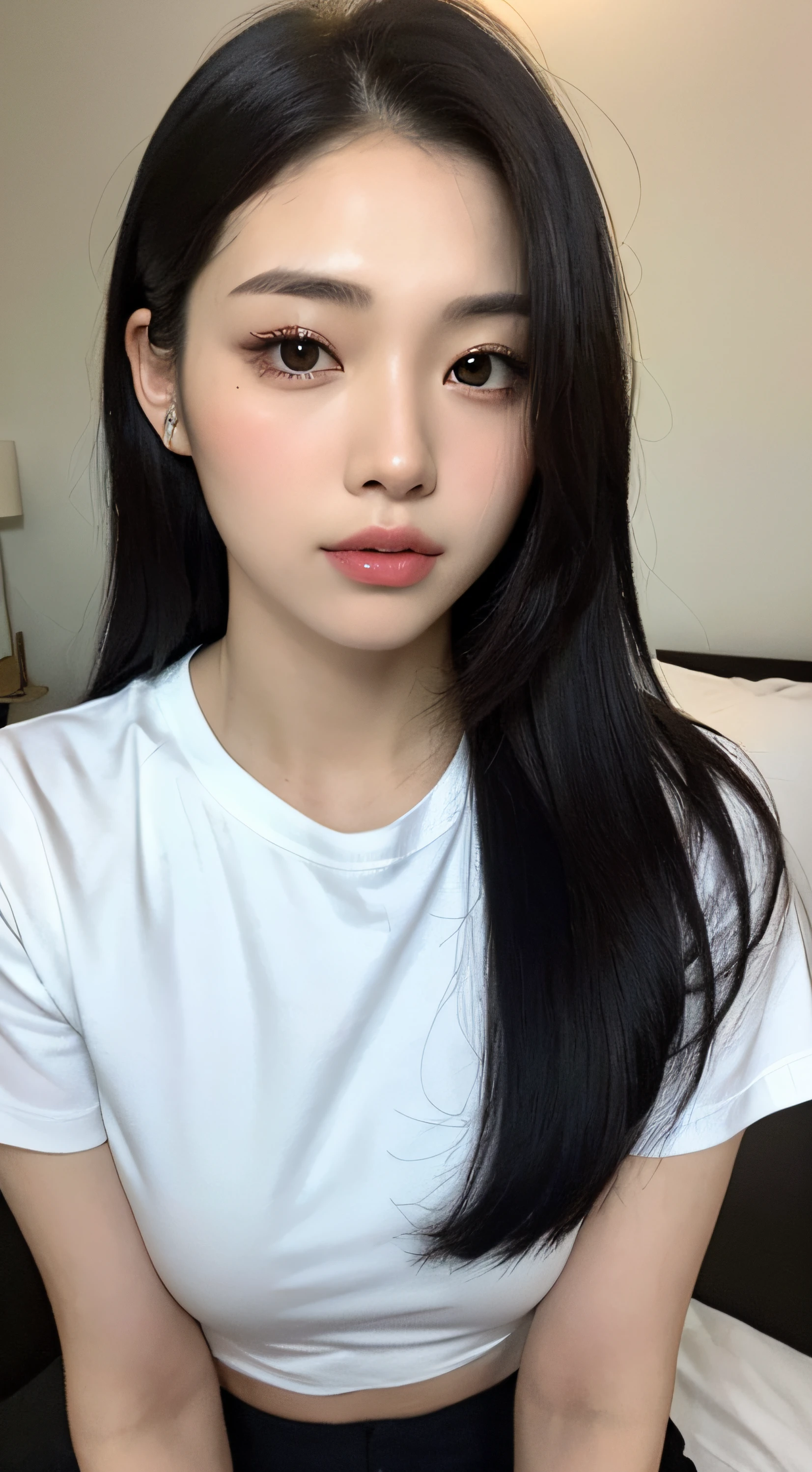 ((Top quality, 8k, Masterpiece: 1.3)), beauty, hidden face, 1 girl, beauty: 1.3, slender abs: 1.1, large men's shirt (loose: 1.4) exposed, full chest, long black hair, (kneeling on bed), ultra-detailed face, highly detailed lips, detailed eyes, double eyelids, strict head and body ratio: 1.5,