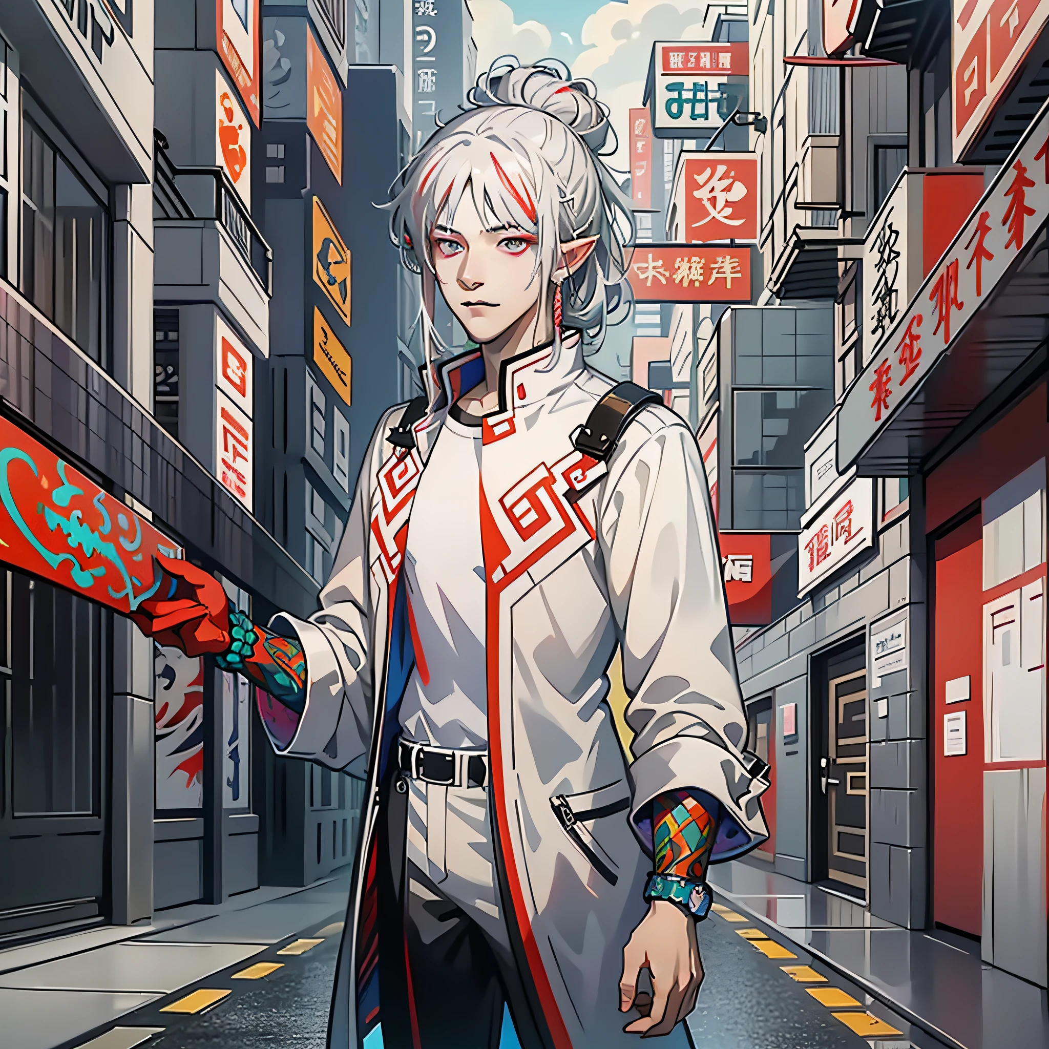anime boy in white shirt standing in the middle of a street, artwork in the style of guweiz, anime handsome man, handsome guy in demon slayer art, inspired by Bian Shoumin, male anime style, inspired by Zhang Han, inspired by Yanjun Cheng, yanjun chengt, young anime man, male anime character, guweiz, handsome anime pose