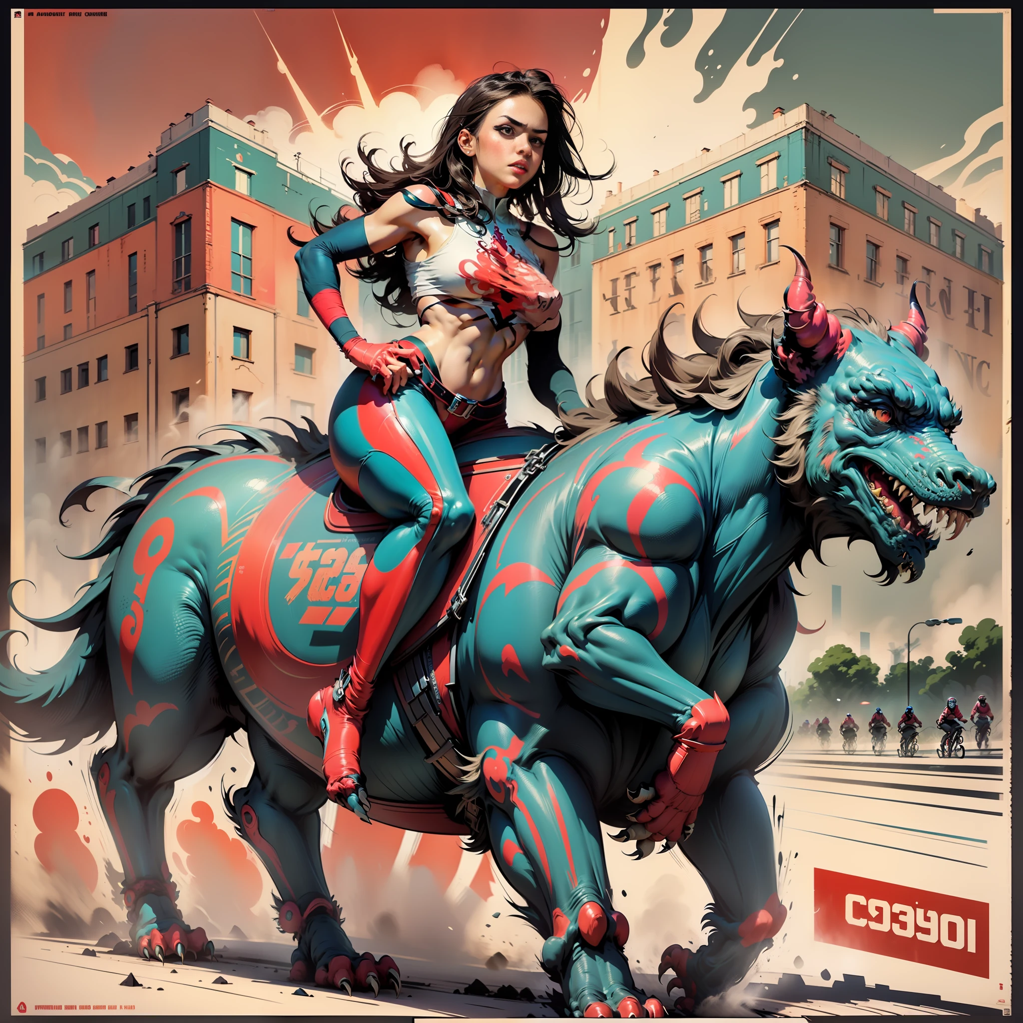 ((CCCP Poster, Soviet Poster)) ((( a beautiful hot, girl, riding a wild monster))) propaganda Poster, poster, Poster design, poster art style. 1970s, 1950s, 1960s, basic colour scheme, Very colourful poster, colour art, thirds rule, inspiring, dynamic perspective