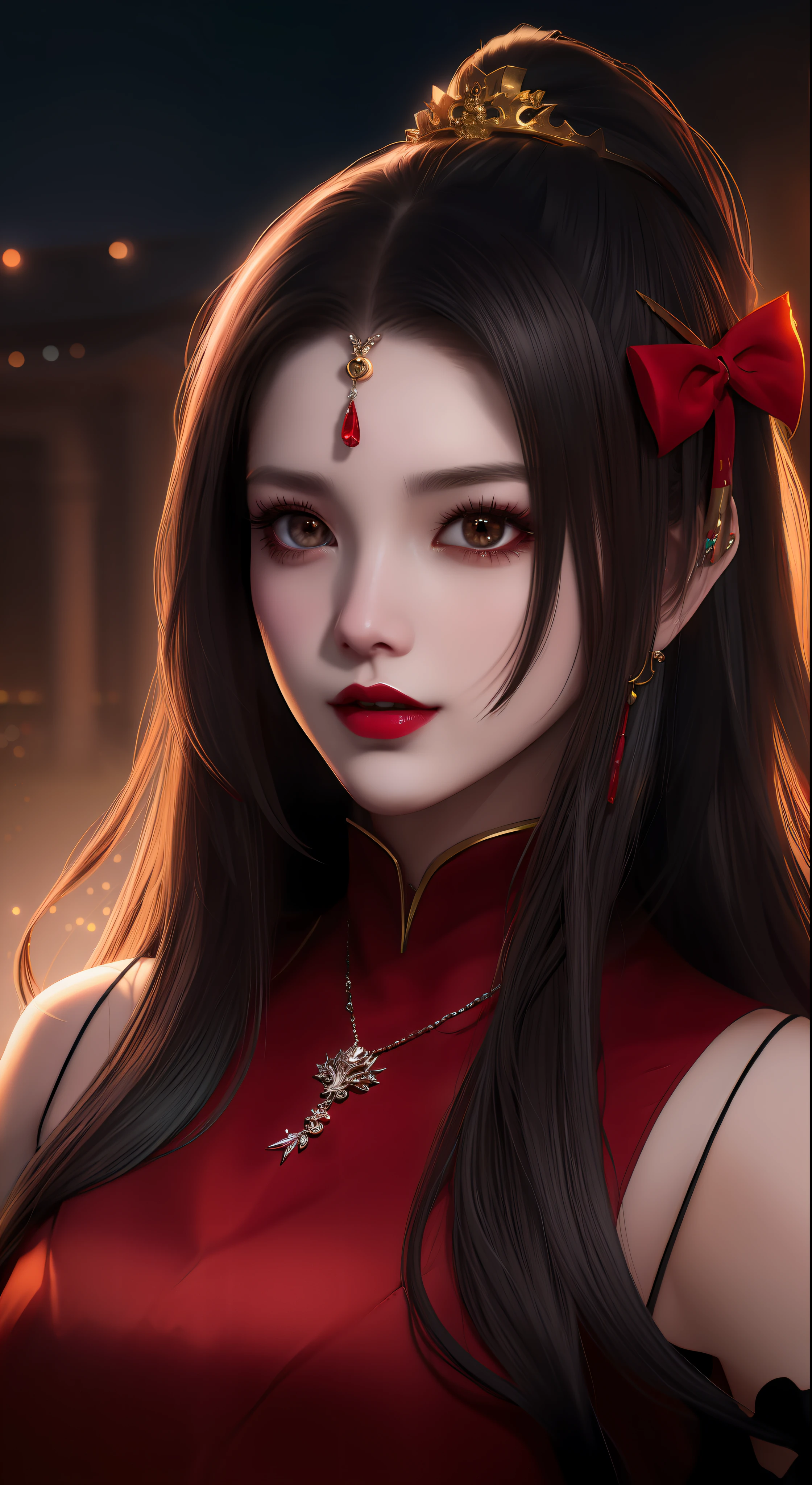 best quality, masterpiece, highres, 1girl, hanfu, white and even teeth, chinese underwear, hair ornaments, necklace, jewelry, crown jewelry. Pretty face, upper body, magic import style, tyndall effect, photorealistic, dark studio, border light, two tone light, (high detail skin: 1.2), 8k uhd, dslr, soft light, high quality, volumetric light, candid, Photo, high resolution, 4k, 8k, Bokeh, (light pink lips), 1 beautiful demon from hell, In the Dark: 1.6), surreal female portraits by David Hockney and Alphonse Mucha, fantasy art, photorealism, dynamic lighting, station art, posters, volumetric lighting, highly detailed faces, super 8k, Awarded, in the dark, deep shadow, low light, cowboy lens, (Red phoenix dress: 1.4), long hair, black hair, bust, palace luxury, Royal style, crown devil, red eyes with very sharp and detailed makeup, Best face, Very big and round and round breasts, Surreal, chinese women's clothes, turtleneck polo shirt, charming smile, Beautiful eyes makeup, guweiz, devil style, black mesh stockings, ponytail with a bow at the back, dark red lips, Devil tattoo on shoulder, wearing a thin red and black shirt , cape, overcast and thundering landscape, (Portrait), Protagonist Close-up, (Background detail 1.8),