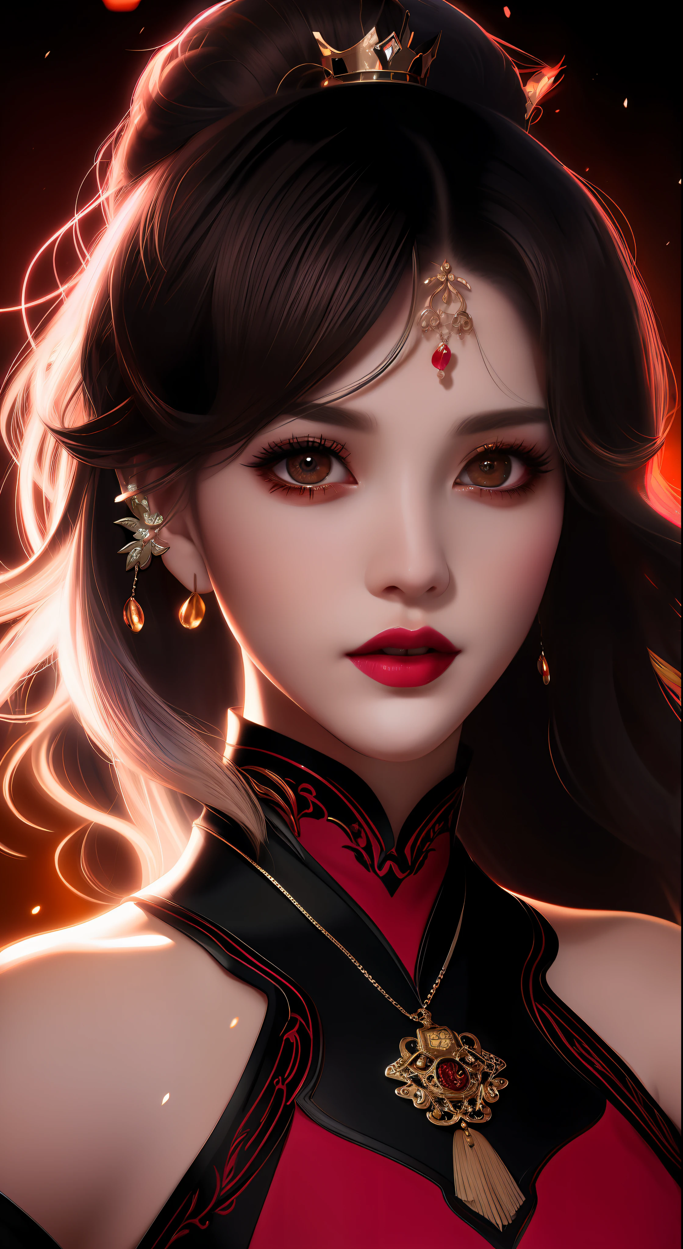 best quality, masterpiece, highres, 1girl, hanfu, white and even teeth, chinese underwear, hair ornaments, necklace, jewelry, crown jewelry. Pretty face, upper body, magic import style, tyndall effect, photorealistic, dark studio, border light, two tone light, (high detail skin: 1.2), 8k uhd, dslr, soft light, high quality, volumetric light, candid, Photo, high resolution, 4k, 8k, Bokeh, (light pink lips), 1 beautiful demon from hell, In the Dark: 1.6), surreal female portraits by David Hockney and Alphonse Mucha, fantasy art, photorealism, dynamic lighting, station art, posters, volumetric lighting, highly detailed faces, super 8k, Awarded, in the dark, deep shadow, low light, cowboy lens, (Red phoenix dress: 1.4), long hair, black hair, bust, palace luxury, Royal style, crown devil, red eyes with very sharp and detailed makeup, Best face, Very big and round and round breasts, Surreal, chinese women's clothes, turtleneck polo shirt, charming smile, Beautiful eyes makeup, guweiz, devil style, black mesh stockings, ponytail with a bow at the back, dark red lips, Devil tattoo on shoulder, wearing a thin red and black shirt , cape, overcast and thundering landscape, (Portrait), Protagonist Close-up, (Background detail 1.8),