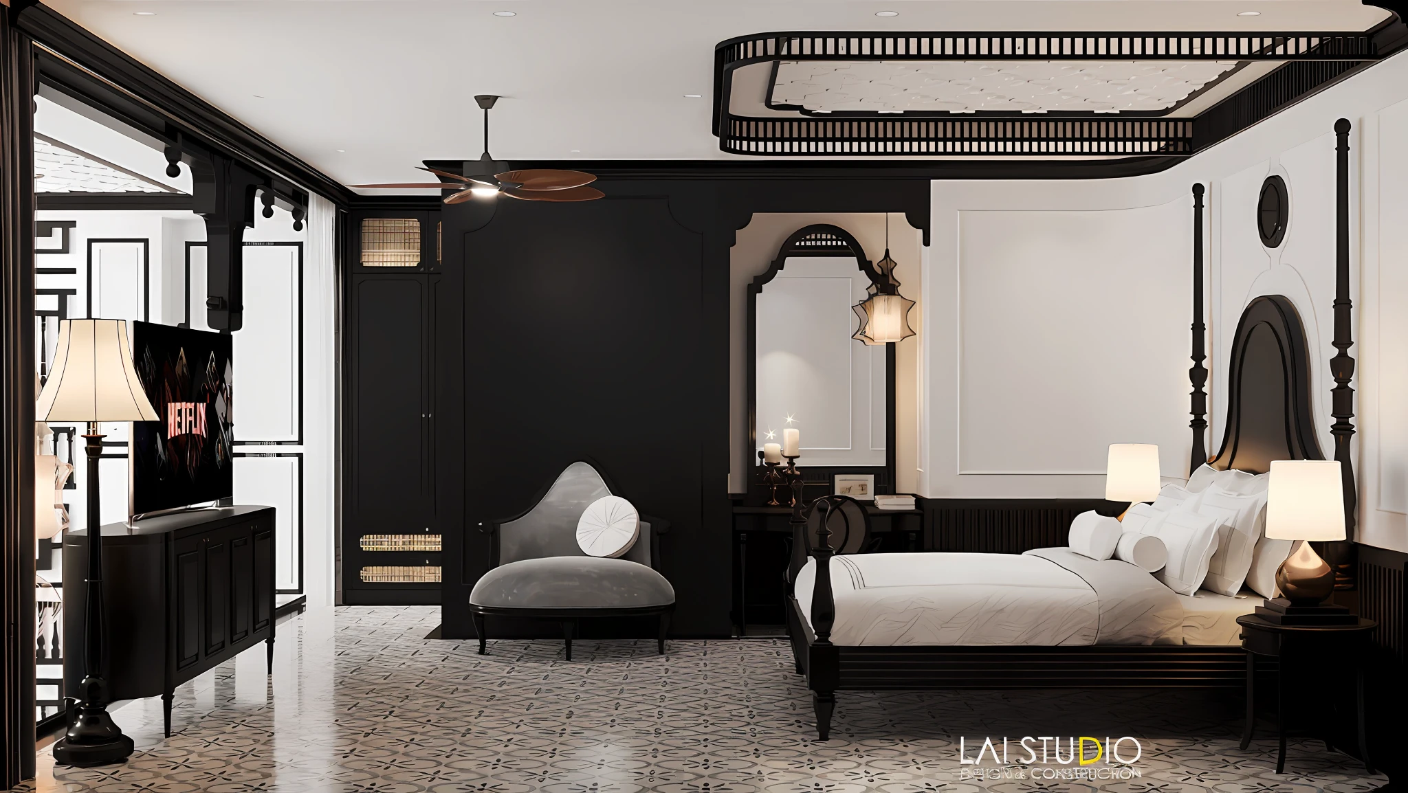 there is a indochiana bedroom with a bed and a chair in it, render vray, vray render, stuning 3 d render, render in vray, vray rendered, realistic 3 d style, high quality 3 d render, high quality 3d render, 3 d vray render, rendered in vray, vray rendering, very realistic 3 d render