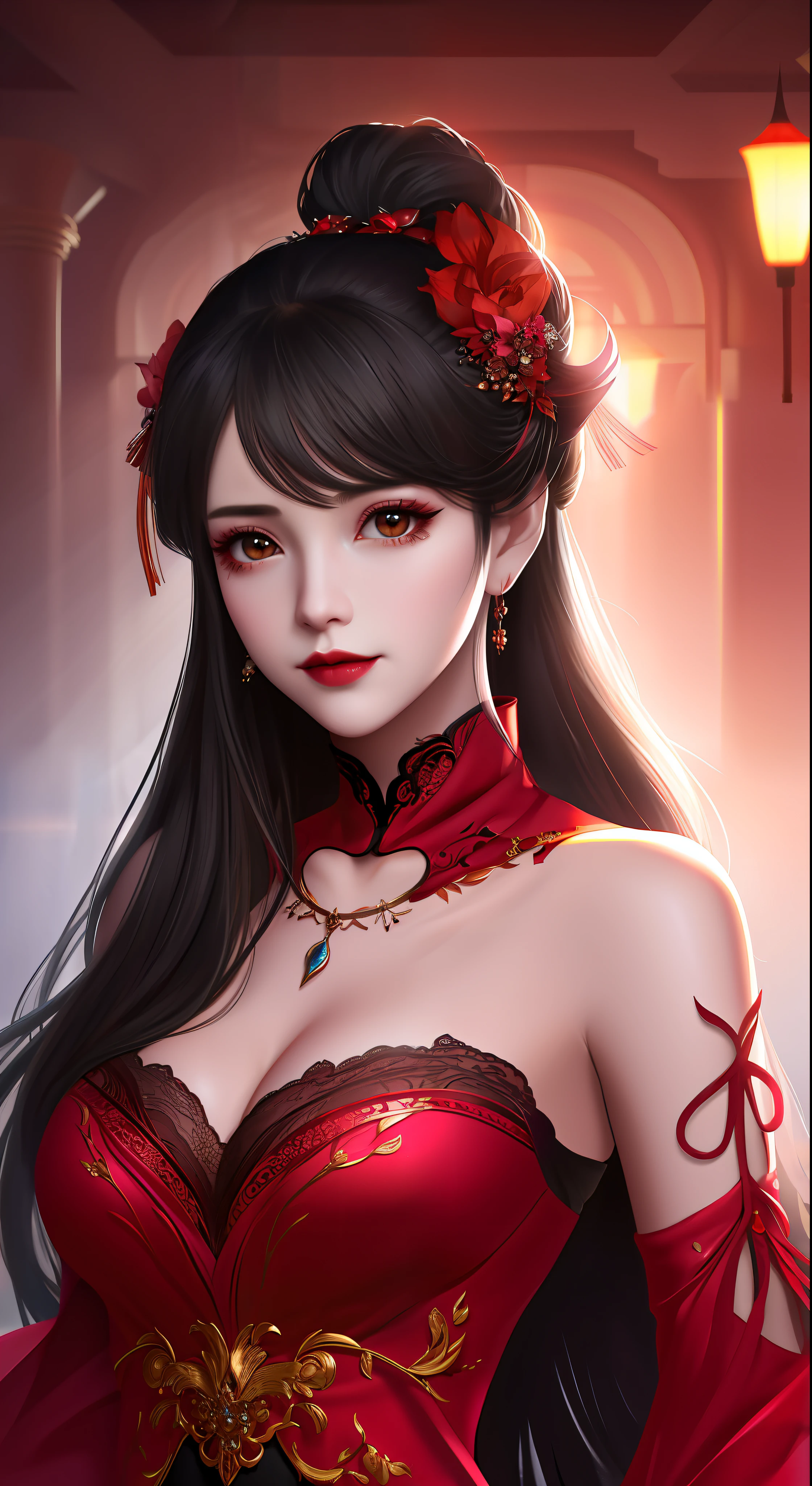 best quality, masterpiece, highres, 1girl, hanfu, white and even teeth, red irises, chinese underwear, hair ornaments, necklace, jewelry, crown jewelry. Pretty face, upper body, magic import style, tyndall effect, photo realistic, dark studio, border light, two tone light, (high detail skin: 1.2), 8k uhd, dslr , soft light, high quality, volumetric light, candid, Photo , high resolution, 4k, 8k, Bokeh, (light pink lips), 1 beautiful demon from hell, In the Dark: 1.6), surreal portraits of women by David Hockney and Alphonse Mucha, fantasy art, photorealism, dynamic lighting, station art, posters, volumetric lighting, highly detailed faces , super 8k, Awarded, in the dark, deep shadow, low light, cowboy lens, (Red phoenix shirt: 1.4), long hair, black hair, bust, luxury palace, Royal style family, devil's crown, red eyes with very sharp and detailed makeup, Best face, Very round and tight breasts, Surreal, chinese women's clothing, turtleneck polo lace top, charming smile, Beautiful eye makeup, guweiz, devil style, black lace stockings, mesh stockings with hooks on underwear, ponytail with a bow at the back, dark red lips, Devil tattoo on shoulder, wearing a nightgown thin lace deep slit chest red black, overcast and thunderous landscape, (Portrait), Close-up of main character, (Background detail 1.8),