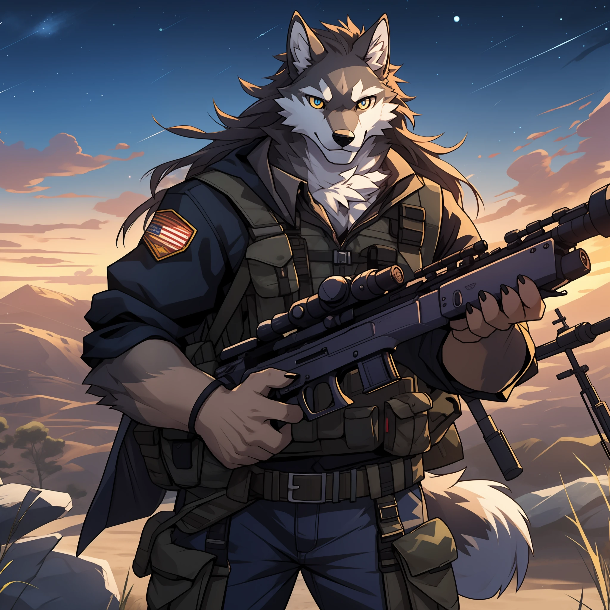 Gray wolf, furry, holding a sniper rifle, AWM, long hair, male, with stars in his pupils