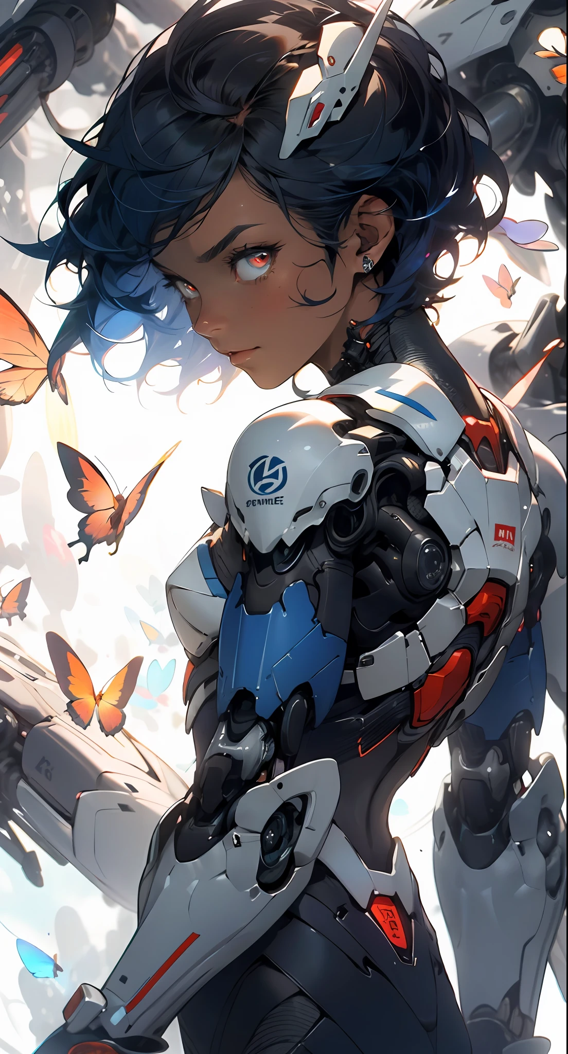 Positive view, a mysterious woman 1.5, realistic, gods, butterflies, (first-person view 1.5), (behind the mecha open blue wings 1.9), (glowing red eyes 1.5))), black and blue hair, short hair 1.5, mysterious, (magic), perfect figure, tight uniform, dark skin, style art germ, extremely detailed art germ, IG model, (best quality), super detailed, super realistic, Octane renderer, high dynamic range, (HDR), 32K Resolution, Super Resolution, Megapixels, Tyndall Effect, Lens Halo, Shadows, Backlight, Depth of Field, Natural Daylighting, Hard Focus, Film Grain, Mirror Hologram, Ray Tracing, Very Detailed, Fractal Art, Colorful, Most Detailed, Zentangle, (abstract background: 1.5),