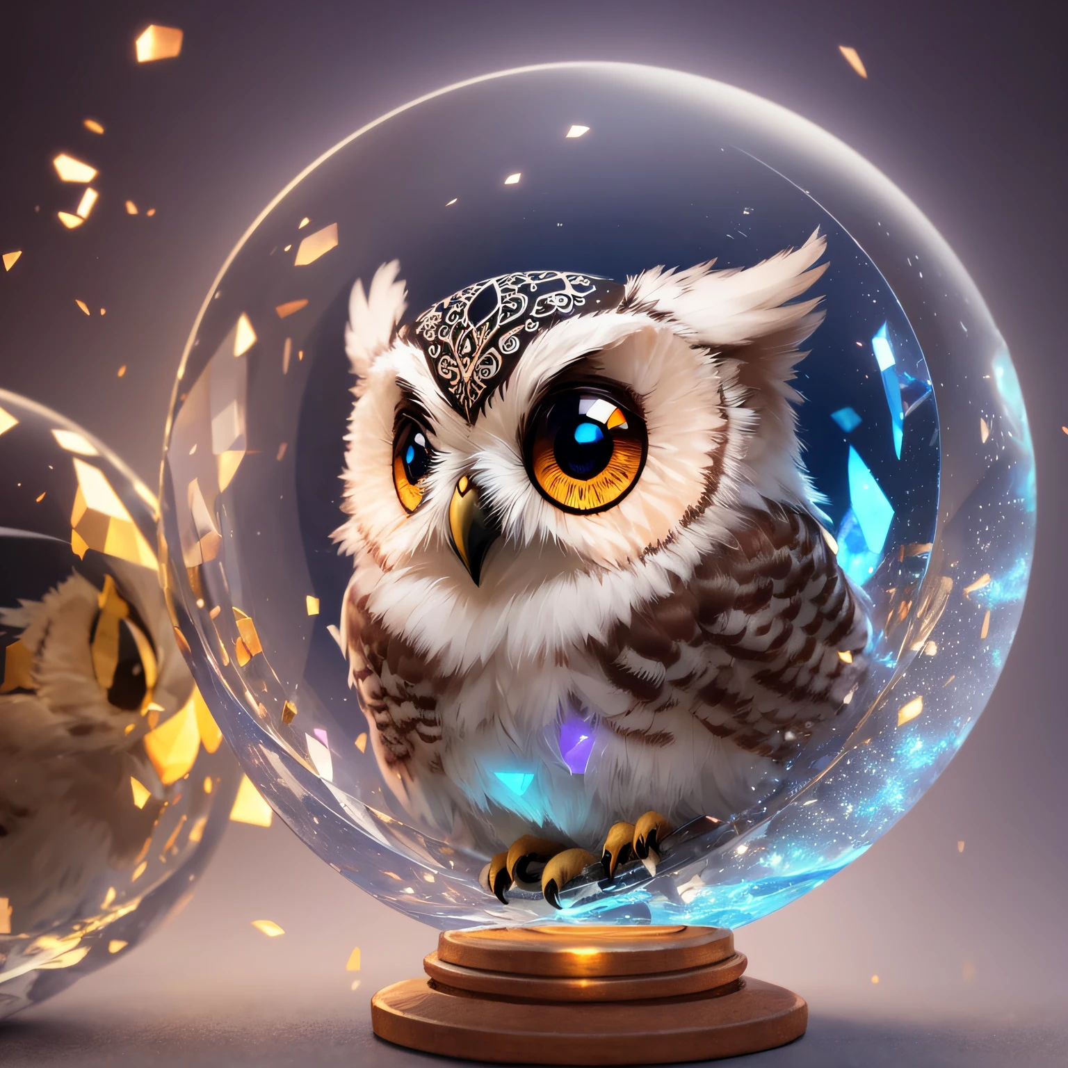 A cute adorable baby owl made of crystal ball with low poly eye's surrounded by glowing aura highly detailed intricated concept art trending artstation 8k,Symmetry