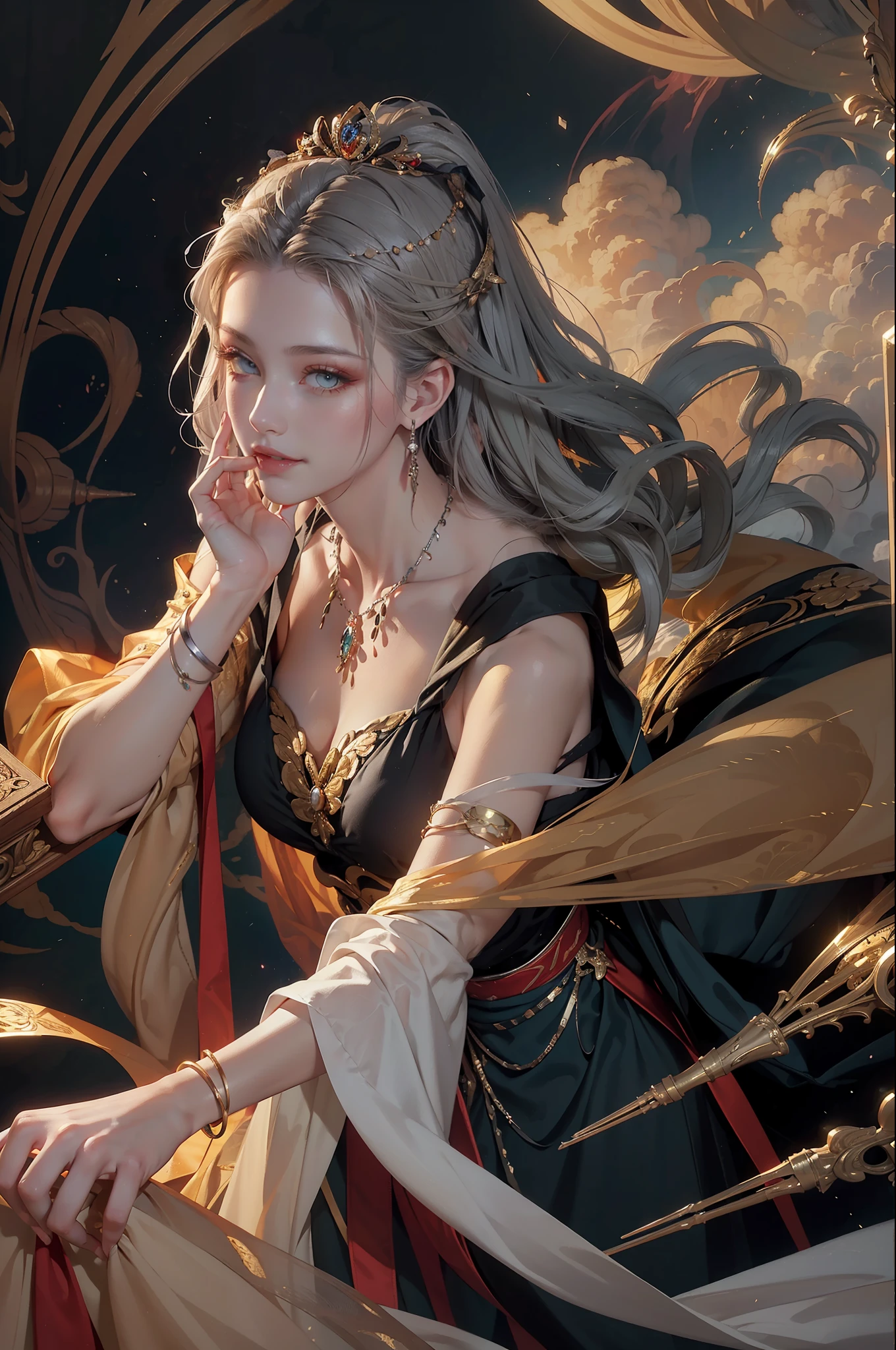 realistic, (masterpiece, top quality, best quality, official art, beautiful and aesthetic:1.2), very detailed, fractal art, colorful, most detailed, dynamic angle, (Wonderland on the clouds) 1girl, queen, silver hair, bright eyes, hair combed back, evil smile, amber eyes, Black robe, open cloth, from above