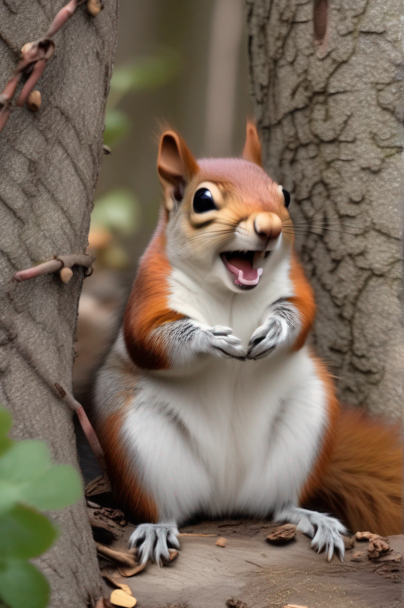 a squirrel laughing with his hands on his belly.