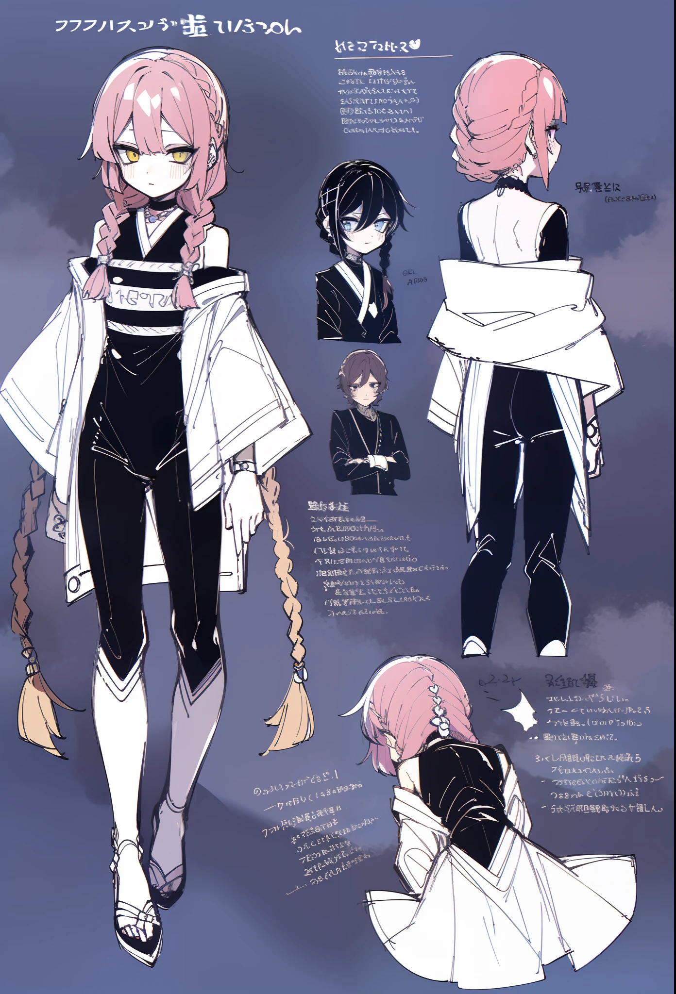 Pink hair, golden eyes, a slender low braid, braid, one-piece swimsuit, white tights, black hands with black claws, a person, the same character, androgynous, (cute art style, anime style illustration, by Kamagurka, in pixiv, pixiv style, pixiv, in anime style, anime art style, 2d anime style, anime moe art style), Full body commission, (character design sheet, same character, front, side, back)