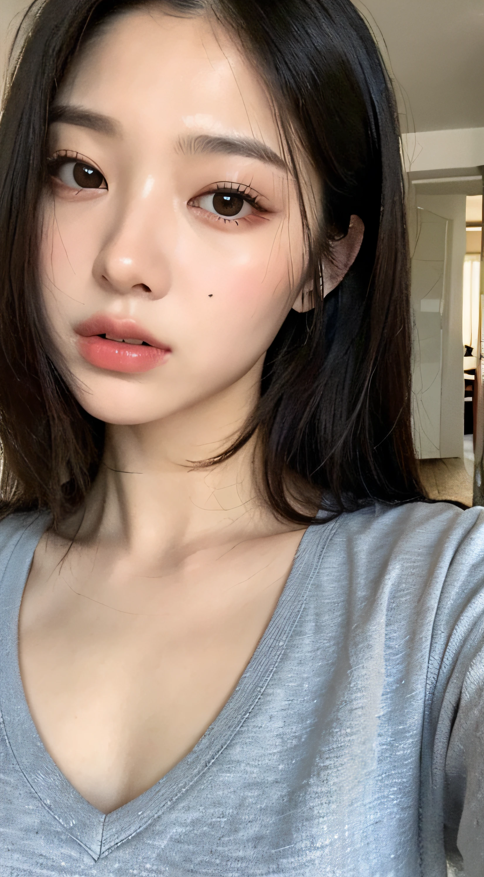 ((Top quality, 8k, Masterpiece: 1.3)), beauty, hidden face, 1 girl, beauty: 1.3, slender abs: 1.1, large men's shirt (loose: 1.4) exposed, full chest, long black hair, (kneeling on bed), ultra-detailed face, highly detailed lips, detailed eyes, double eyelids, strict head and body ratio: 1.5,