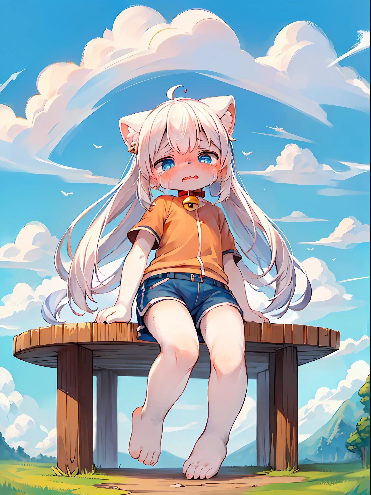 Masterpiece, high quality, absurd resolution, digital painting \ (artwork \), by dagasi, yupa, kiyosan, (fluffy fur, white fur, full body fur,), boys, blue eyes, white hair, shorts, barefoot, sitting cross-legged, crying, bright eyes, panorama, character focus. Detailed background, cloud background, (bell, pet collar, short sleeves: 1.2)